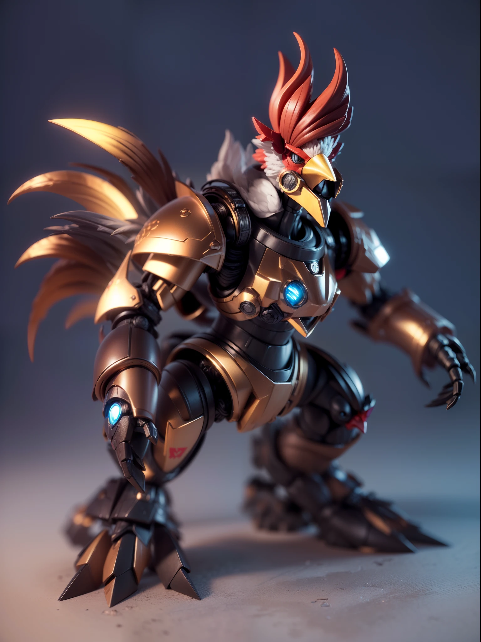 (Blind box toy style:1.3),((Full body shot))(anthropomorphism) , (1 strong rooster mecha warrior)(((solo))) metal mecha,dreamy glow, Clean dark background,Brown black style,(circular base)( Global illumination, Ray tracing, hdr, unreal render,reasonable design, high detail, Masterpiece, Best quality, hyper HD, Cinematic lighting)