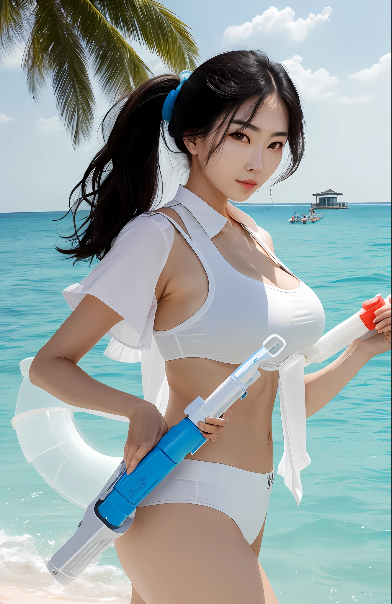 The housekeeper's wife is fashionable and cutting-edge, with double eyelids, white skin, and big breasts。Beach with water gun in hand