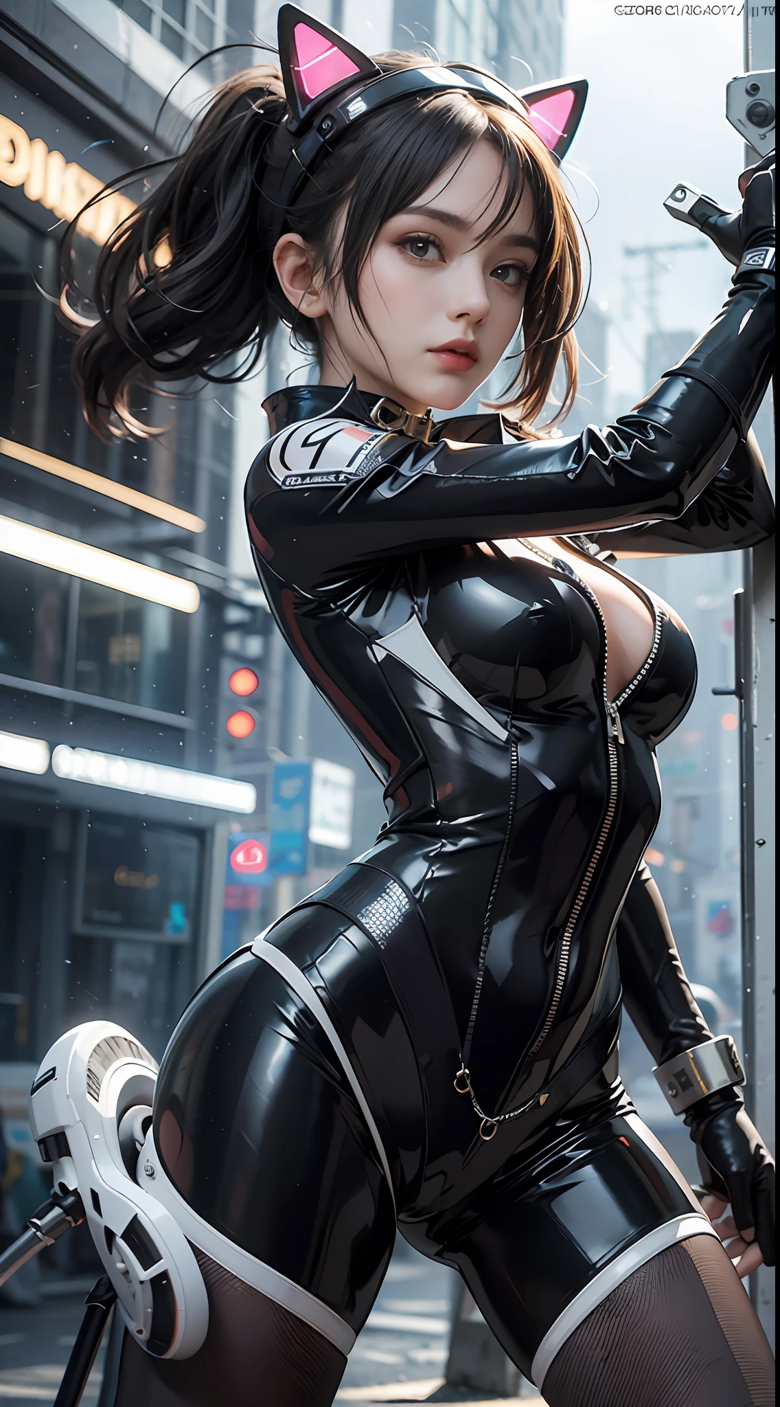 solo, super fine photo, portrait Unreal Engine 5 8K UHD of a girl in a skin tight futuristic black latex battle suit with white jacket, slick black catsuit, black iconic character, smooth black skin, black body, PVC, glossy latex suit, rubber suit, rubber belts, collar, futuristic full face helmet, futuristic rubber glove, futuristic high boots, arm and leg cuffs, straps, cyberpunk world, have a gun, best quality, masterpiece, official art, unified 8k wallpaper, super detailed, sharp focus, dynamic pose, body parts, no extra limbs, precisely anatomy