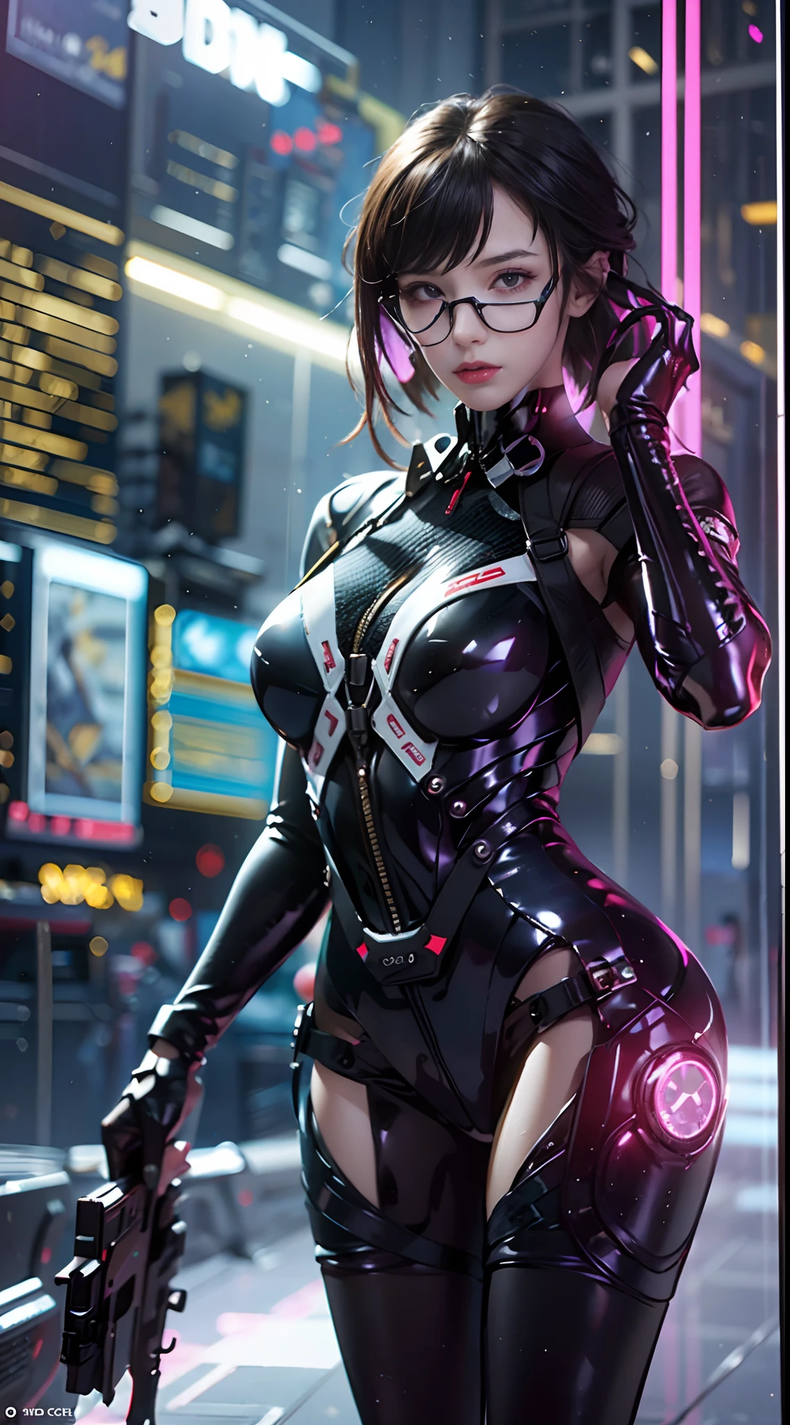 solo, super fine photo, portrait Unreal Engine 5 8K UHD of a girl in a skin tight futuristic black latex battle suit with white jacket, slick black catsuit, black iconic character, smooth black skin, black body, PVC, glossy latex suit, rubber suit, rubber belts, collar, futuristic full face helmet, futuristic rubber glove, futuristic high boots, arm and leg cuffs, straps, cyberpunk world, have a gun, best quality, masterpiece, official art, unified 8k wallpaper, super detailed, sharp focus, dynamic pose, body parts, no extra limbs, precisely anatomy