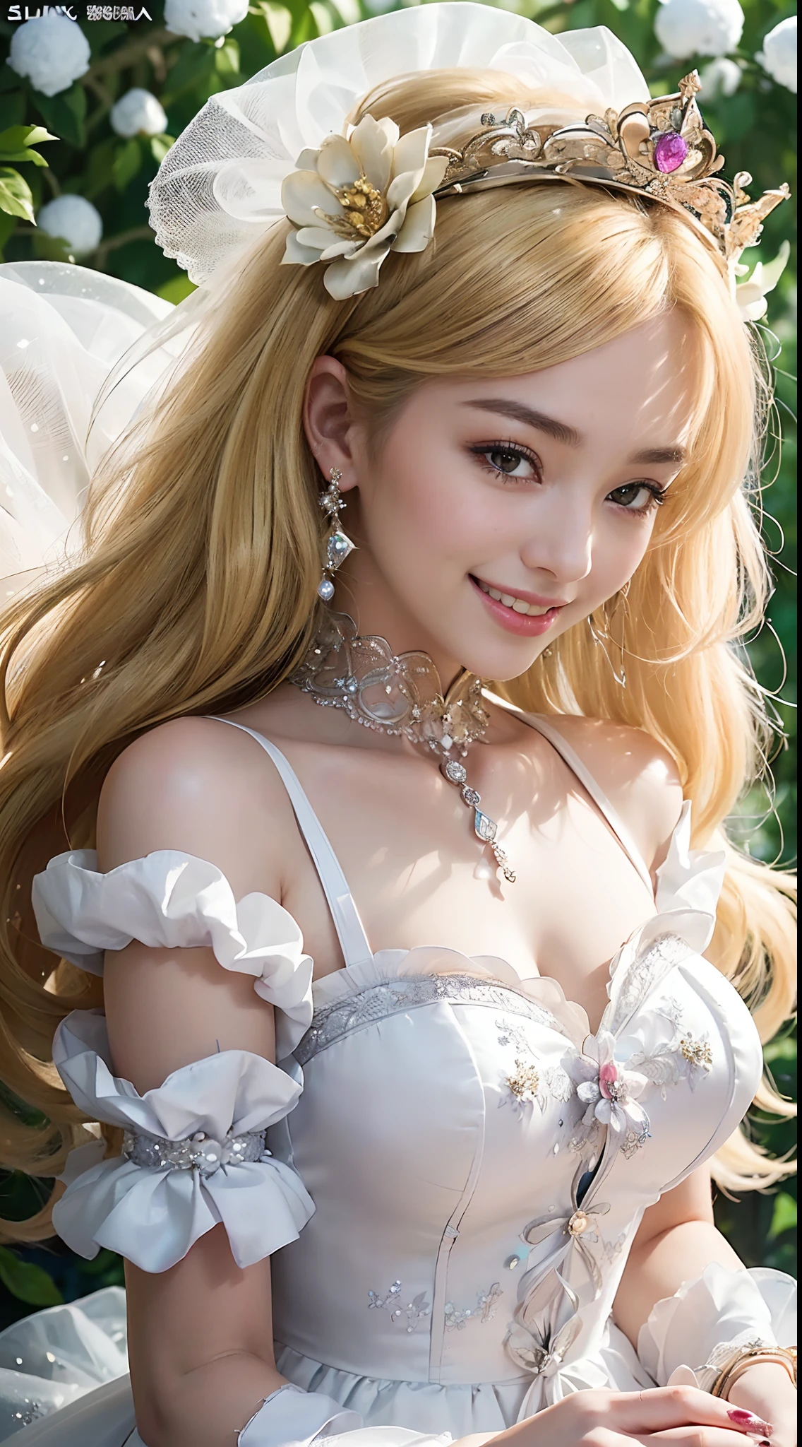 (HD CG Unity 16k wallpaper), (tmasterpiece),(top-quality), (best detail), (Best Illustration), (Best shadow), (Realism:1.5), Realistic human skin, (ultra - detailed),(1 girl ,Solo ,Very beautiful blonde:1.5)、 (Shiny blonde hair:1.5)、(beautifull detailed face)、(beatiful detailed eyes)、((tmasterpiece:1.4、top-quality))、((tmasterpiece、top-quality))、(photographrealistic:1.4)、(Japanese idol:1.1), (Japanese actressl)、(perfect anatomia、Correct anatomy、perfectly proportions、face perfect、Perfect hand、with perfect legs、perfectfingers、 Perfect hand、Perfect mouth、Perfect lips,a small face:1.5)、++((Happy smiling face:1.5))++、(extremely detailed eye and face),(Incredibly beautiful face、Very cute)、(largeeyes)、 (a slender waist:1.5), (Incredibly large room,Completely soft:1.5)、(Realistic background、Flower garden:1.5),(Large crowds:1.5)、(1 Japanese girl wearing a plump full-length skirt and a gorgeous wedding dress:1.5),((Very gorgeous snow white wedding dress,Wear yours with a voluminous full-length hoop skirt:1.5))、(gorgeous embroidery and lace),Gorgeous corsage,See-through,(Very gorgeous ta hair ornament)),A crown decorated with sparkling and very ornate jewelry,(Hoop skirt,crinoline)、