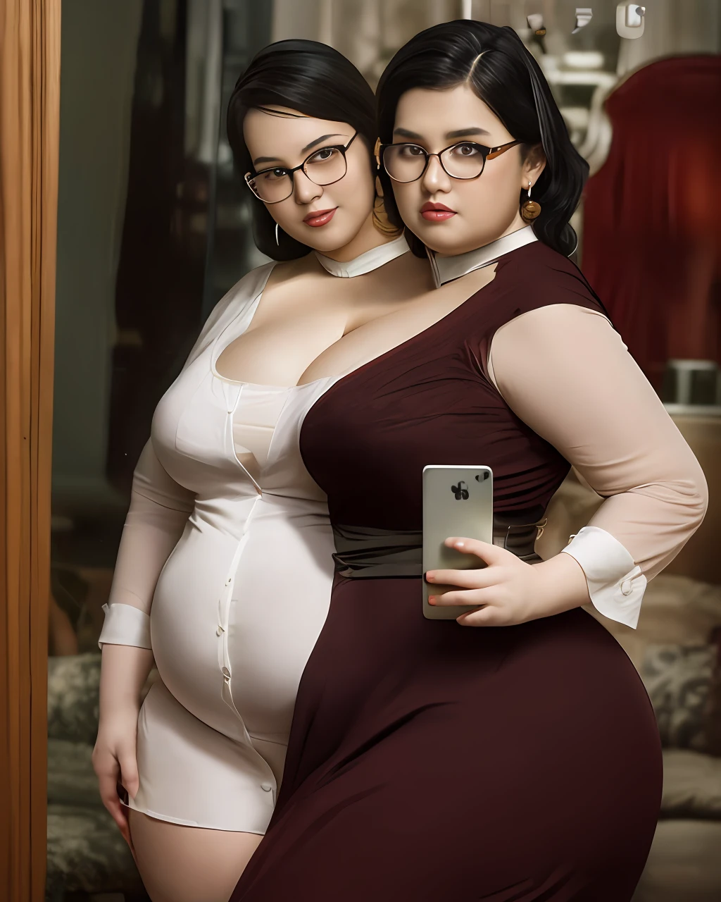 (2heads), nerdy, obese, dvArchModern, a close up American obede woman standing, next ro an obese american woman, dressed as a librarian,posing for a picture, room, livingroom, holding phone, sharp detail, (high detailed skin:1.2), film grain, Fujifilm XT3, (high detailed face:1.1), bed, mirror, natural light, pillows