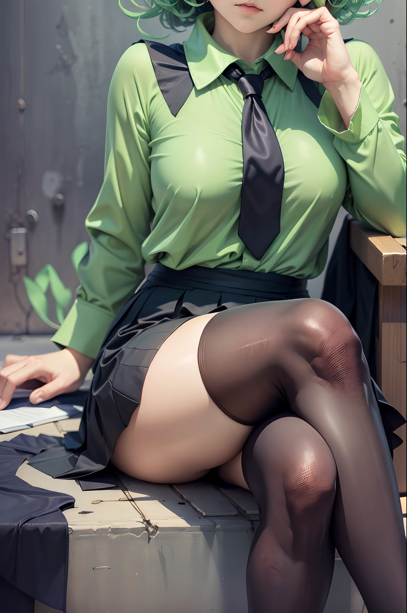 (masterpiece, best quality:1.2), solo, 1girl, tatsumaki, unamused, closed mouth, looking at viewer, hand on own face, sitting, crossed legs, collared shirt, necktie, skirt, pantyhose