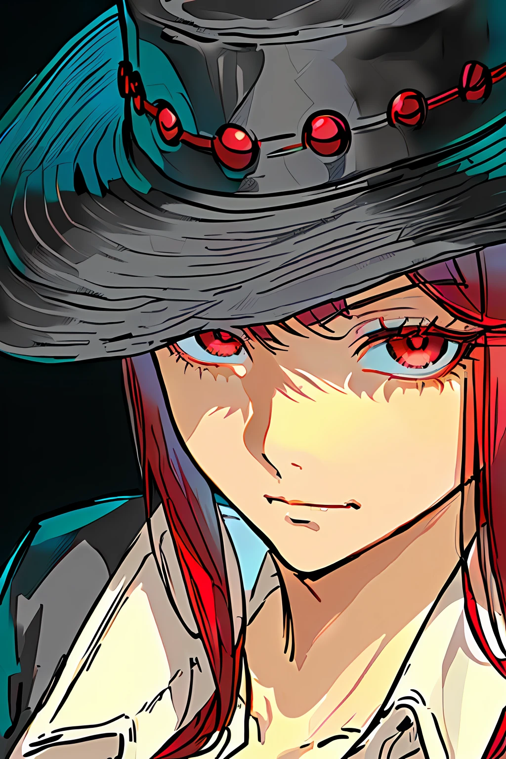 Anime girl with red hair and black hat, kurisu makise steins gate anime, close up of a young anime girl, kurisu makise, medium close up shot, made with anime painter studio, Also, with glowing red eyes, red eyes glowing, Anime style. 8K, roguish smirk，Black broken cowboy hat，White-colored skin