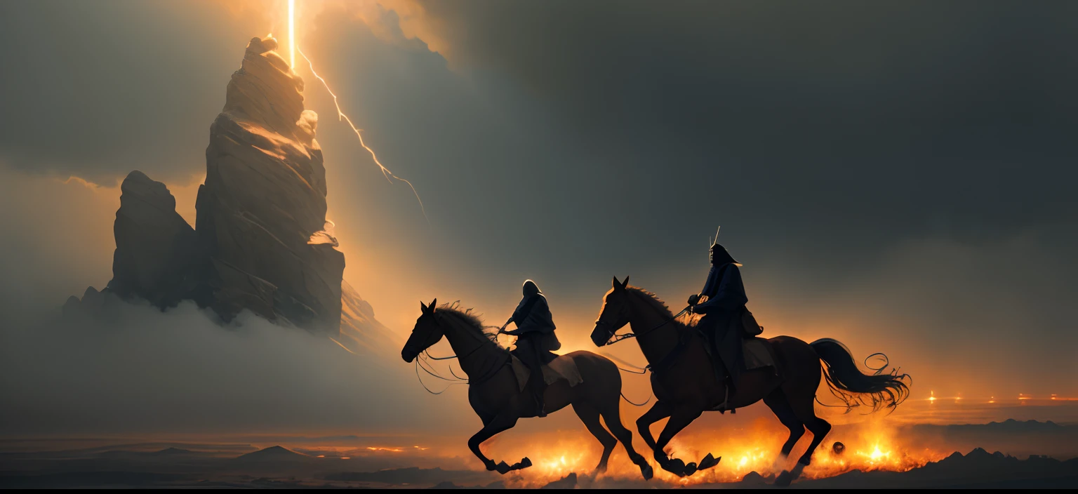 "4 horsemen of Revelation" religious artwork, divine intervention, apocalyptic scene, celestial beings, heavenly light, epic composition, symbolic imagery, ominous atmosphere, dramatic colors, intense emotions, transcendent experience