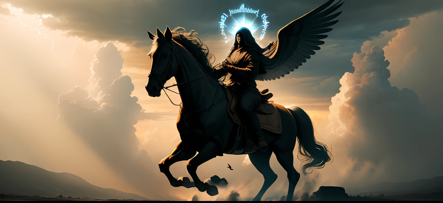 "4 horsemen of Revelation" religious artwork, divine intervention, apocalyptic scene, celestial beings, heavenly light, epic composition, symbolic imagery, ominous atmosphere, dramatic colors, intense emotions, transcendent experience