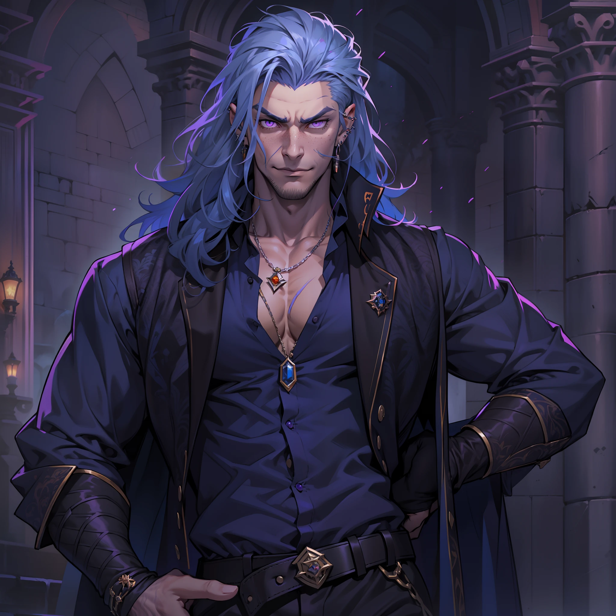Handsome vampire male. Ash grey hair. Long hair. Royal attire. Freckles. Piercings. Arrogant expression. Bara. brown skin. 9 ft tall. Big bulge in pants. Blue hair tips. Purple eyes. Black shirt. Mischievous. Sinister. Muscular body. Castle. Silky hair.