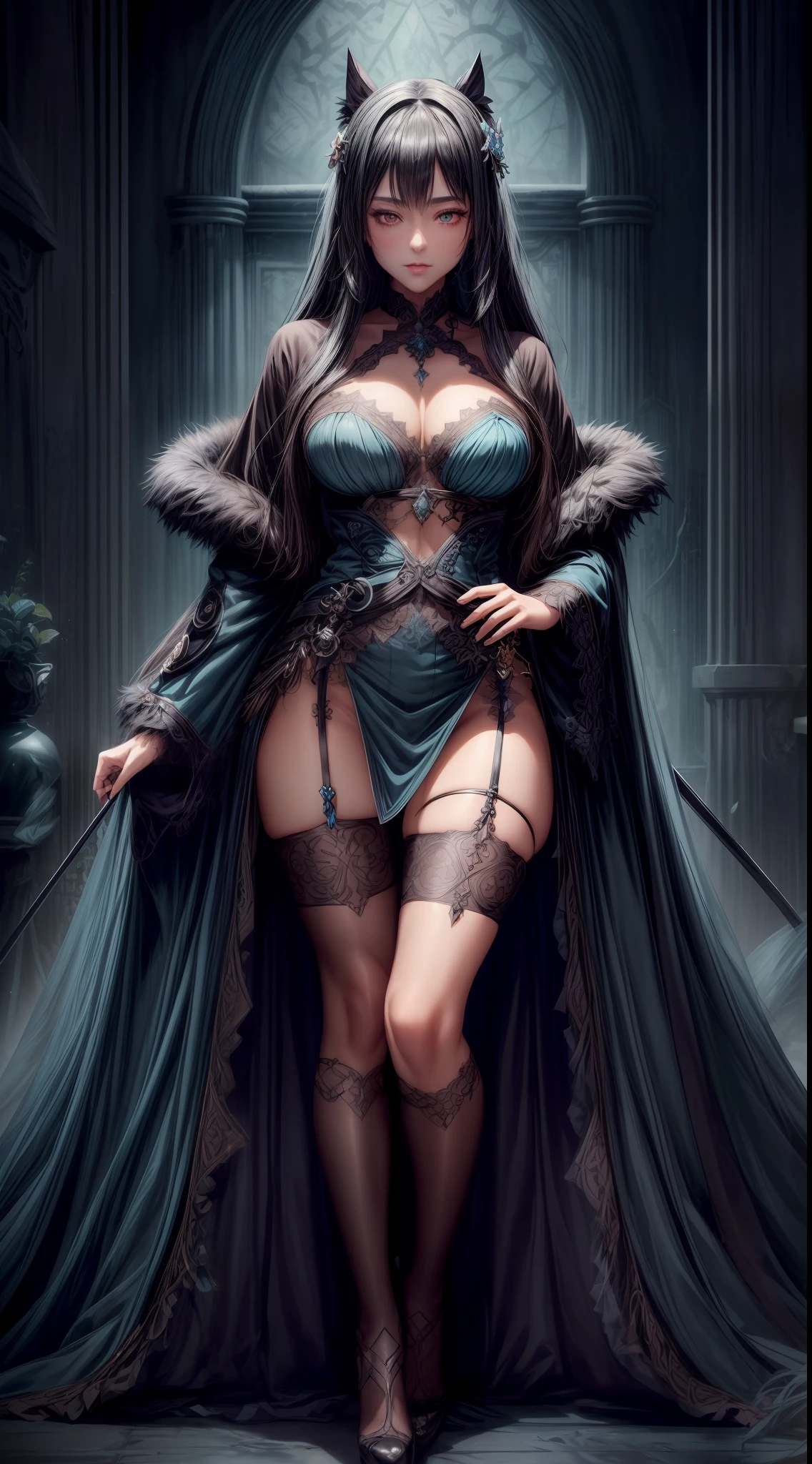 gothic warrioress queen in dark aqua blue kimono robe and midi skirt, satin, fur, (stockings), decollete, natural breasts, slim body, zettai ryouiki, medium length hair, beautiful detailed golden eyes, portrait, most realistic, highest quality, best pixels, 8k ultra