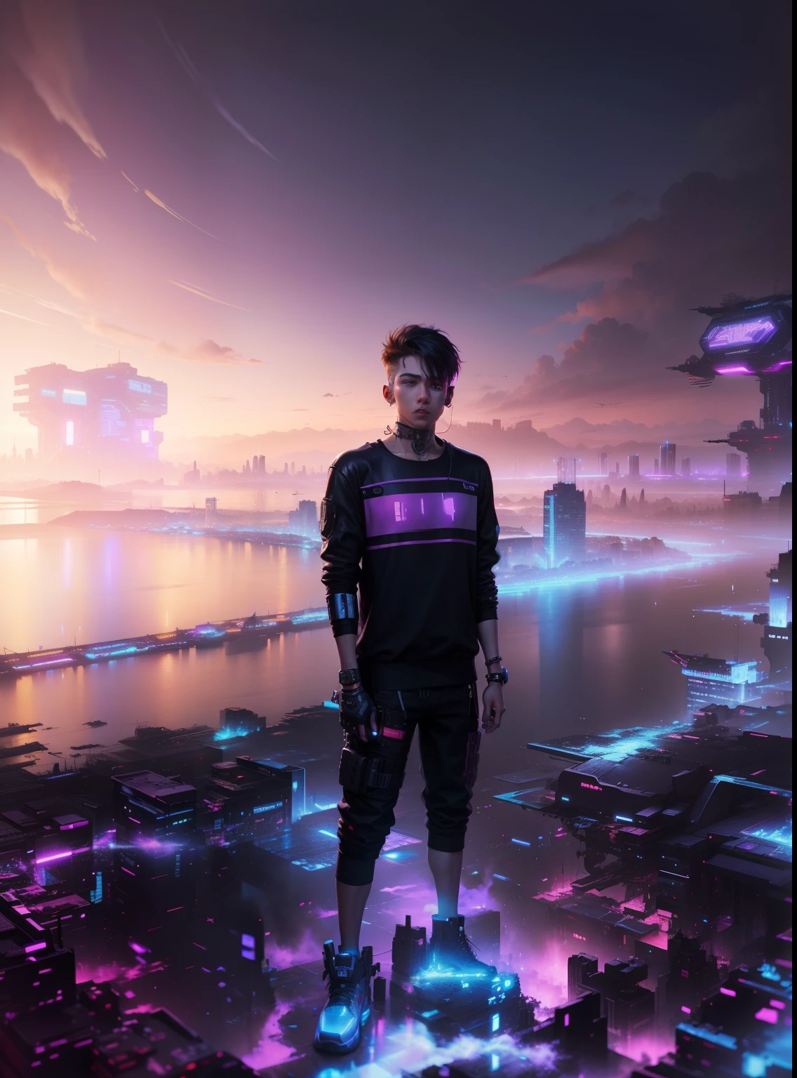 Cyberpunk background, stylish boy, stylish dress , hd