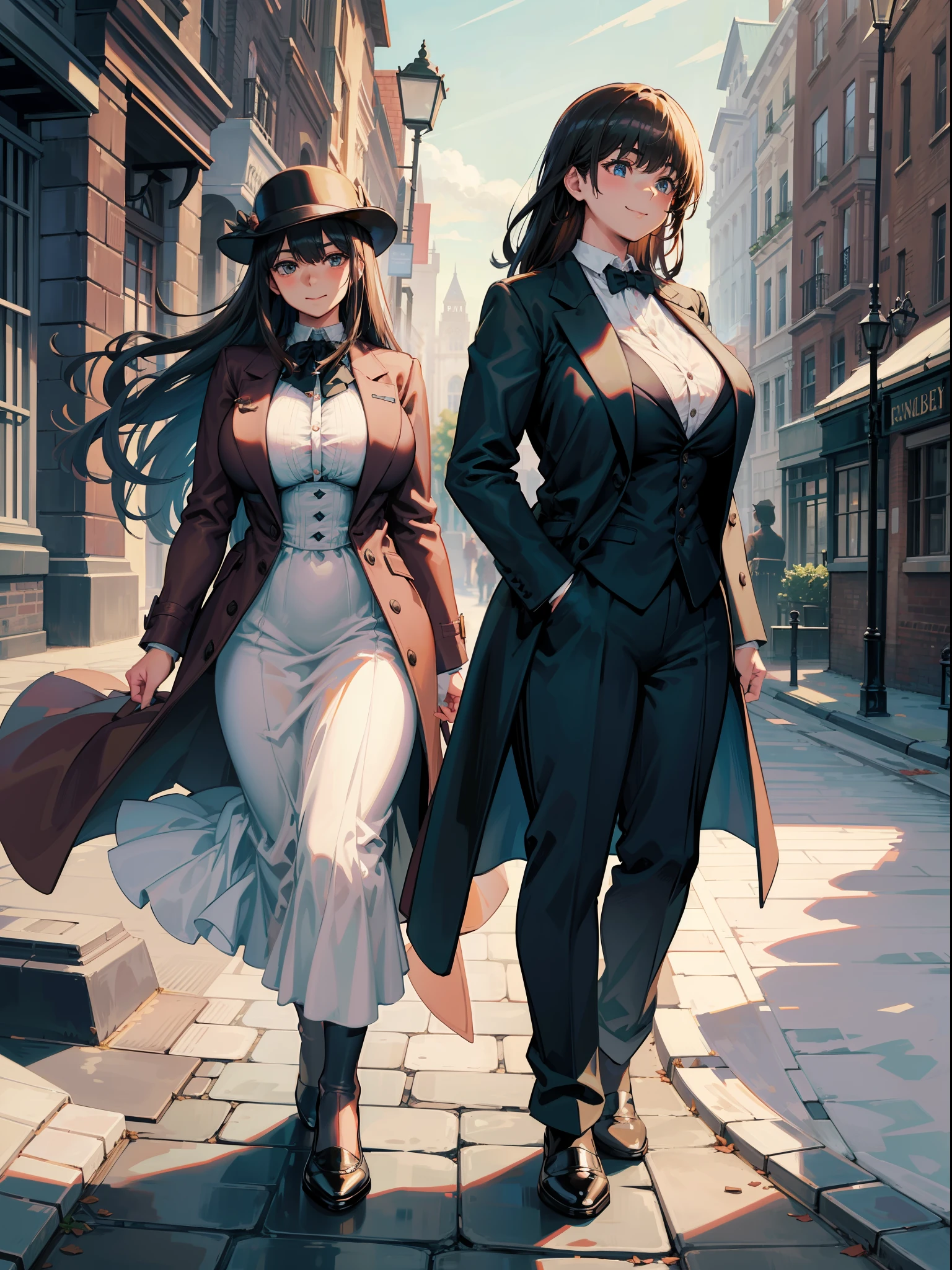 sherlock holmes & watson,
huge huge huge huge huge huge busty 2 girls assemble,
sherlock holmes girl brown glen check frock coat,
side standing watson girl white formal suits,
detective,
gently,
elegance,
wind,
smile,
london,
baker street,
british,
real face,
real body,
real background,
((((masterpiece)))), high quality, very_high_resolution, large_filesize, full color,