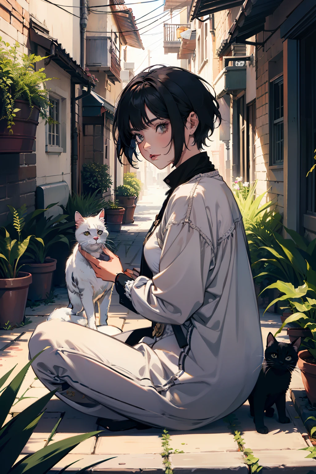 masterpiece, best quality, 1 woman, beautiful,tall and muscular, very short hair, best ratio four fingers and one thumb, best light and shadow, background is an alley, sunlight with details, sitting, kittens are gathered next to her, spotted sunlight, day, depth of field, plants, summer
