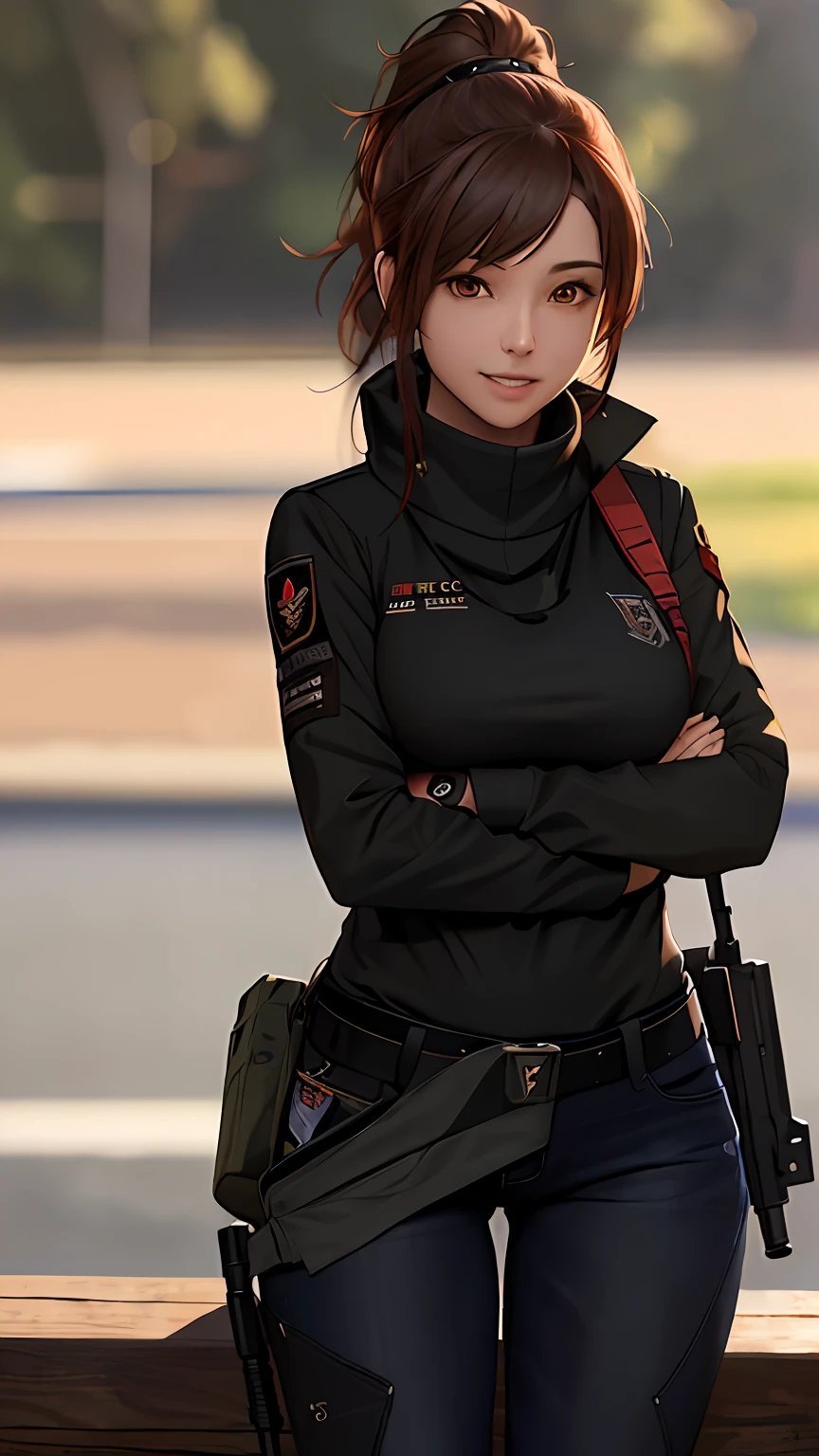 (masterpiece:1.2), (best quality:1.2), (ultra highres:1.2) ,(8k resolution:1.2),(sweet smile: 1.2),
sci-fi,girls frontline,near future,doomsday survival,
1 woman, black short hair tied ponytail , red eyes ,
Armed with an assault rifle, Wearing a Black heavy military jacket with lots of pockets,Black stockings, black scarf,Waist carry military magazine,high-tech exoskeleton legs,Student uniform shirt and pleated jeans,Kneepads, Gloves