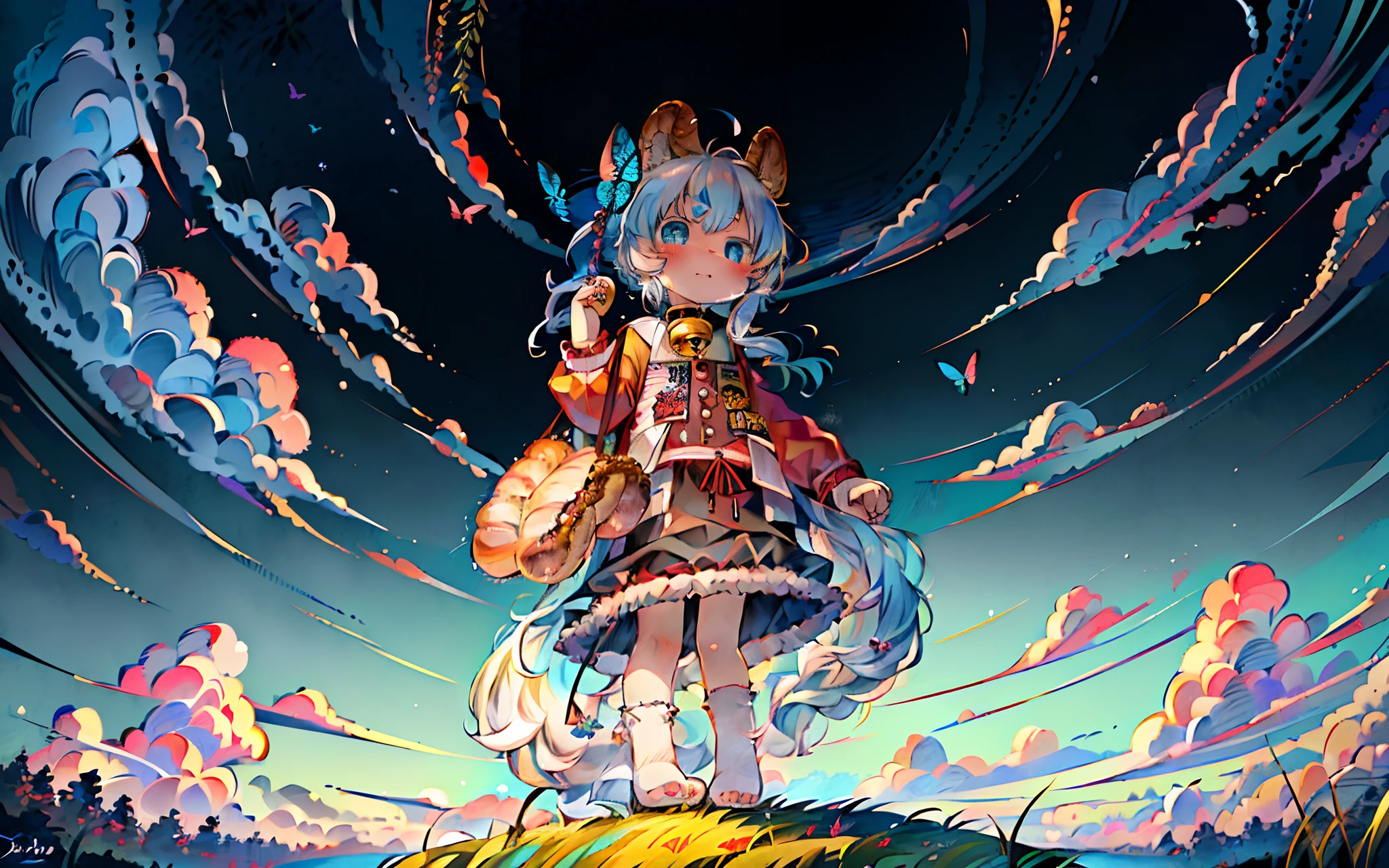 tmasterpiece,high high quality,Ridiculous resolution,digitial painting\(artwork of a\),by Dagasi, Yupa,Kiyosan,(Fluffy fur,White fur,Full Body Furry,croissant,Shepherd dog pattern:1.2)。eBlue eyes,eyes with brightness,in a panoramic view,Character focus。detailedbackground,(bell,Pet collars,baggy clothes:1.2),(grassy fields:1.3),Double,(Butterfly 1.3)tmasterpiece,high high quality,Ridiculous resolution,digitial painting\(artwork of a\),by Dagasi, Yupa,Kiyosan,(Fluffy fur,White fur,Full Body Furry,croissant,Shepherd dog pattern:1.2),Human rams。eBlue eyes,eyes with brightness,in a panoramic view,Character focus。detailedbackground,Eat cantaloupe,(bell,Pet collars,baggy clothes:1.2),(pecora,breads,grassy fields:1.3)