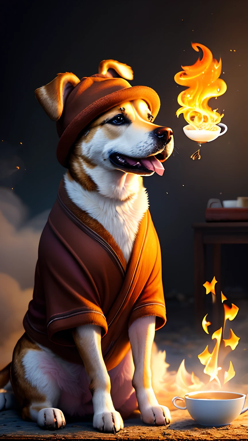 (best quality:1.23), (masterpiece:1.12), (realistic:1.24), (anthropomorphic  dog:1.5) holding a coffee cup, sitting, in a robe, eating breakfast and holding a coffee cup, hat, particles, volumetric lighting,  room burn down, ground and chair on fire, lots of gadgets and equipment on fire,  smoke, (flames all around:1.2),