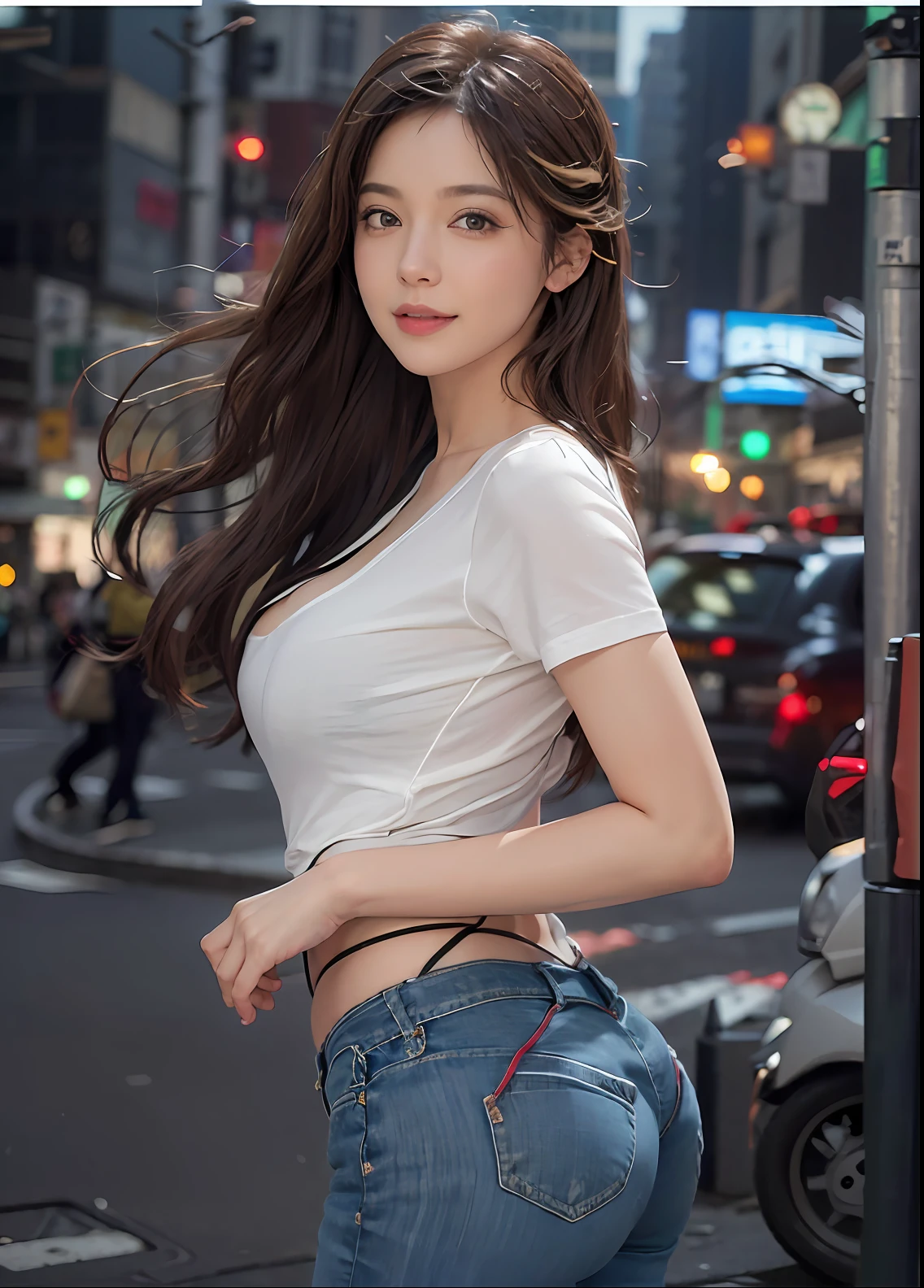 女の子1人、Tokyo Street、natta、A city scape、city light、full bodyesbian、a closeup、a smile、、(8k、RAW Photography、top-quality、masterpiece:1.2)、(realisitic、photoRealstic:1.37)、denim short pants、