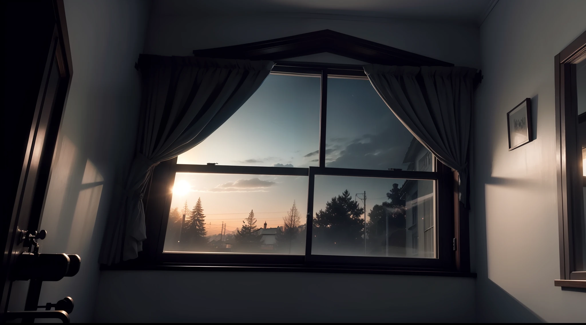Image of a dark window at 3 a.m., representando a janela para o sobrenatural, estilo de filme de terror