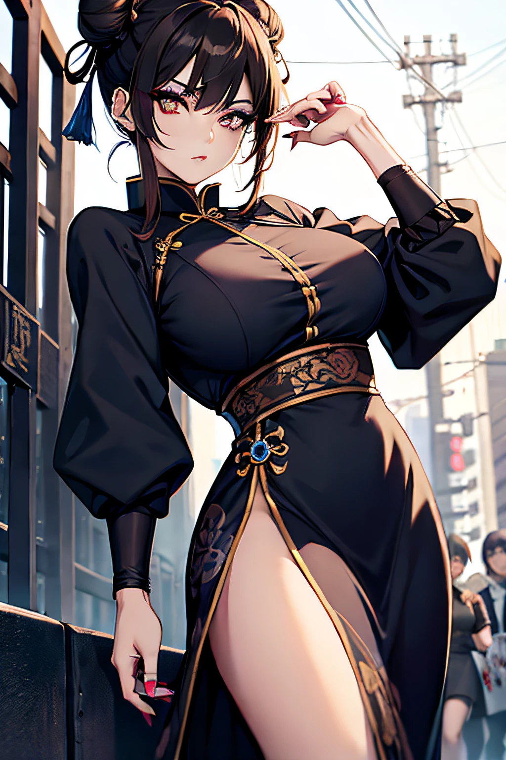 chun-li from street fighter, goth, brown eyes, make up, in tokyo, anime style, double hair buns, goth eye shadow, goth eye liner, beautiful face, dark make up, goth, 4k, upscale 8k, highest quality,blue chinese dress, kung fu pose, blue chinese dress. brown eyes