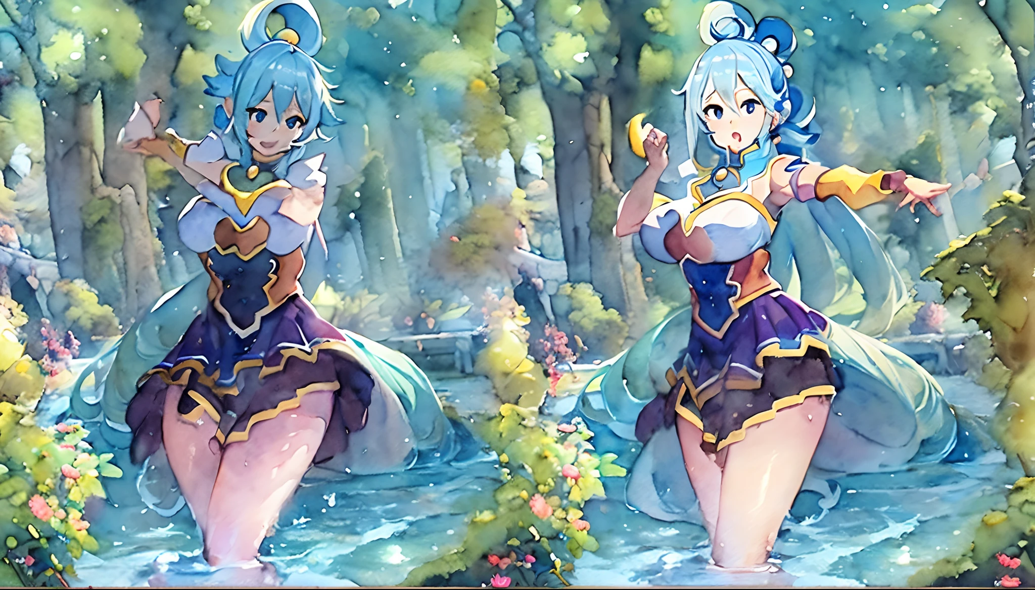 (Aqua from Konosuba:1.5),(sexy maid:1.2),(magical forest:1.2),(cutesexyrobutts:1.2),(RossDraw 2.5:1.1),(KDA:1.1),(WLOP:1.1),(Sakimichan:1.1),(watercolor:1.2)