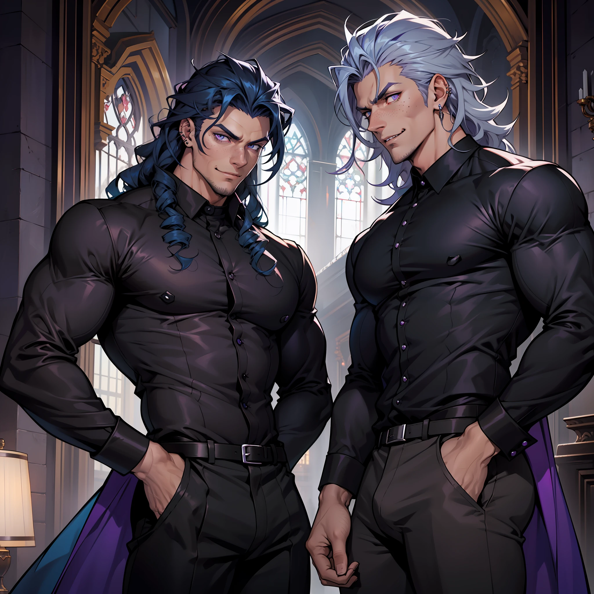 Handsome vampire male. Ash grey hair. Long hair. Royal attire. Freckles. Piercings. Hazel green eyes. Arrogant expression. Bara. Dark brown skin. Curly hair. 9 ft tall. Big bulge in pants. Blue hair tips. Purple eyes. Black shirt. Mischievous smile. Sinister. Muscular body. Castle
