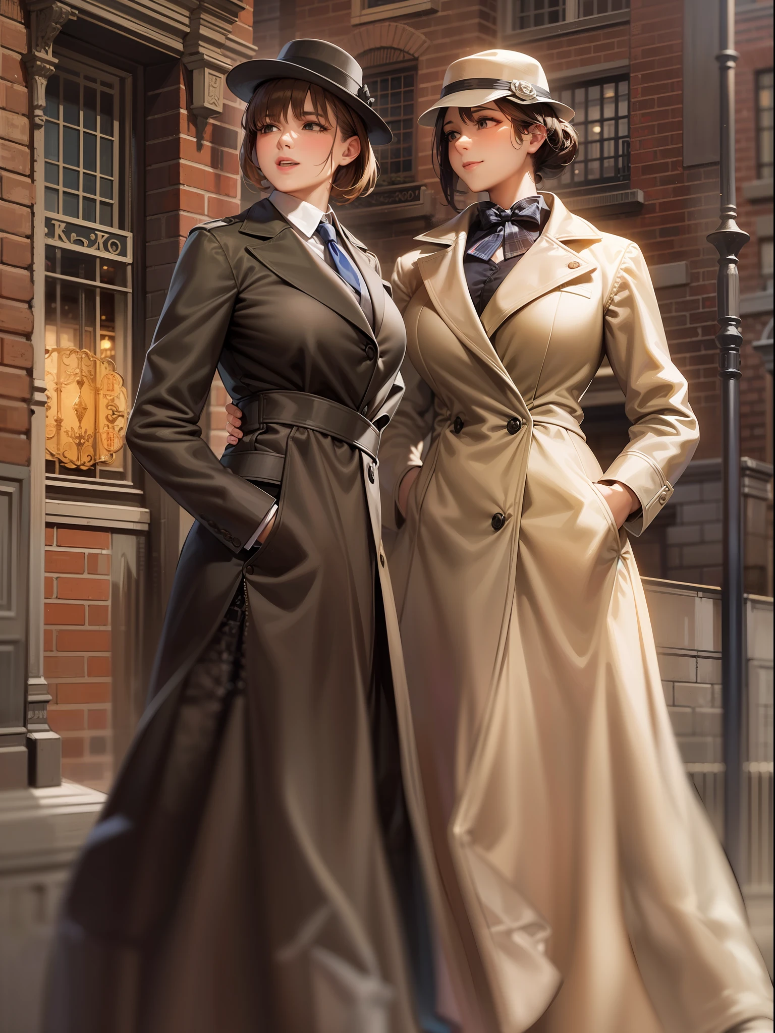 sherlock holmes & watson,
huge huge huge huge huge huge busty 2 girls assemble,
sherlock holmes girl brown glen check frock coat,
side standing watson girl white formal suits,
detective,
gently,
elegance,
wind,
smile,
london,
baker street,
british,
real face,
real body,
real background,
((((masterpiece)))), high quality, very_high_resolution, large_filesize, full color,