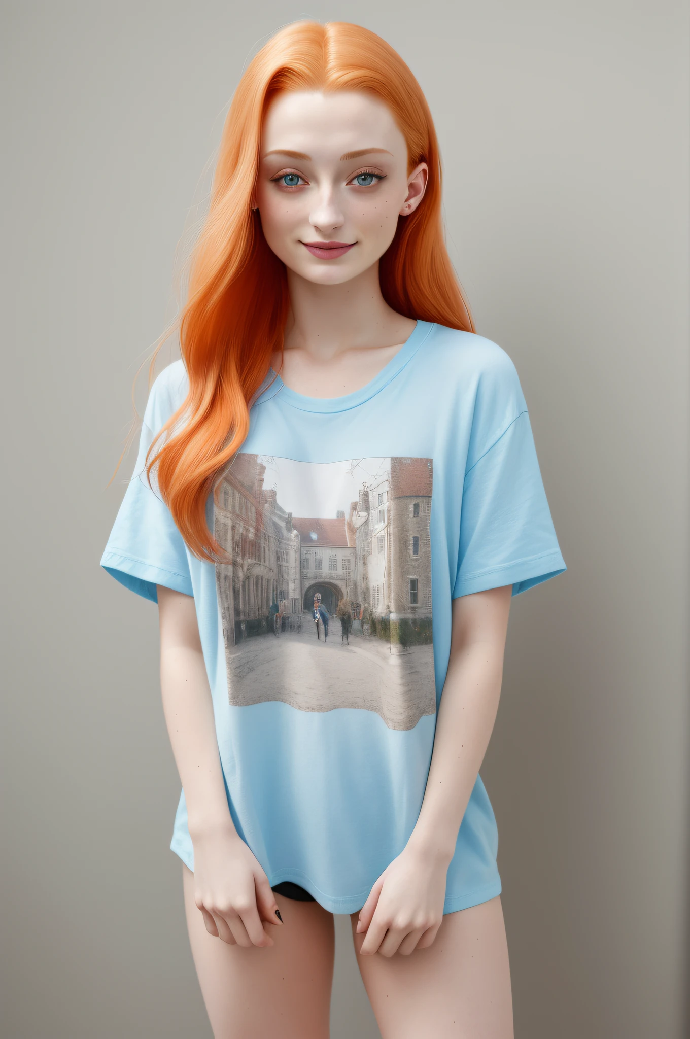 (8k, highest quality, best quality, masterpiece, highly detailed:1.2),
1girl, upper body, woman looks like (Sophie Turner), wearing boyfriend shirt and panty, (naked shirt, shirt tug), shy, half smile, midday, from below