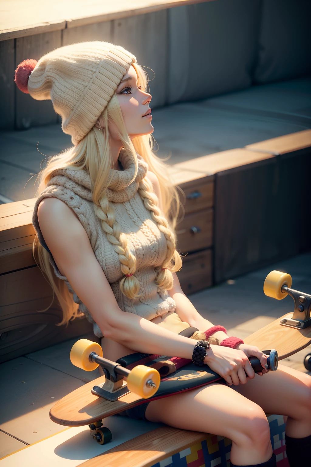 A beautiful lady with long blonde hair, wearing a knit beany with pom pom, and short shorts, holding a long beige skateboard on her lap.