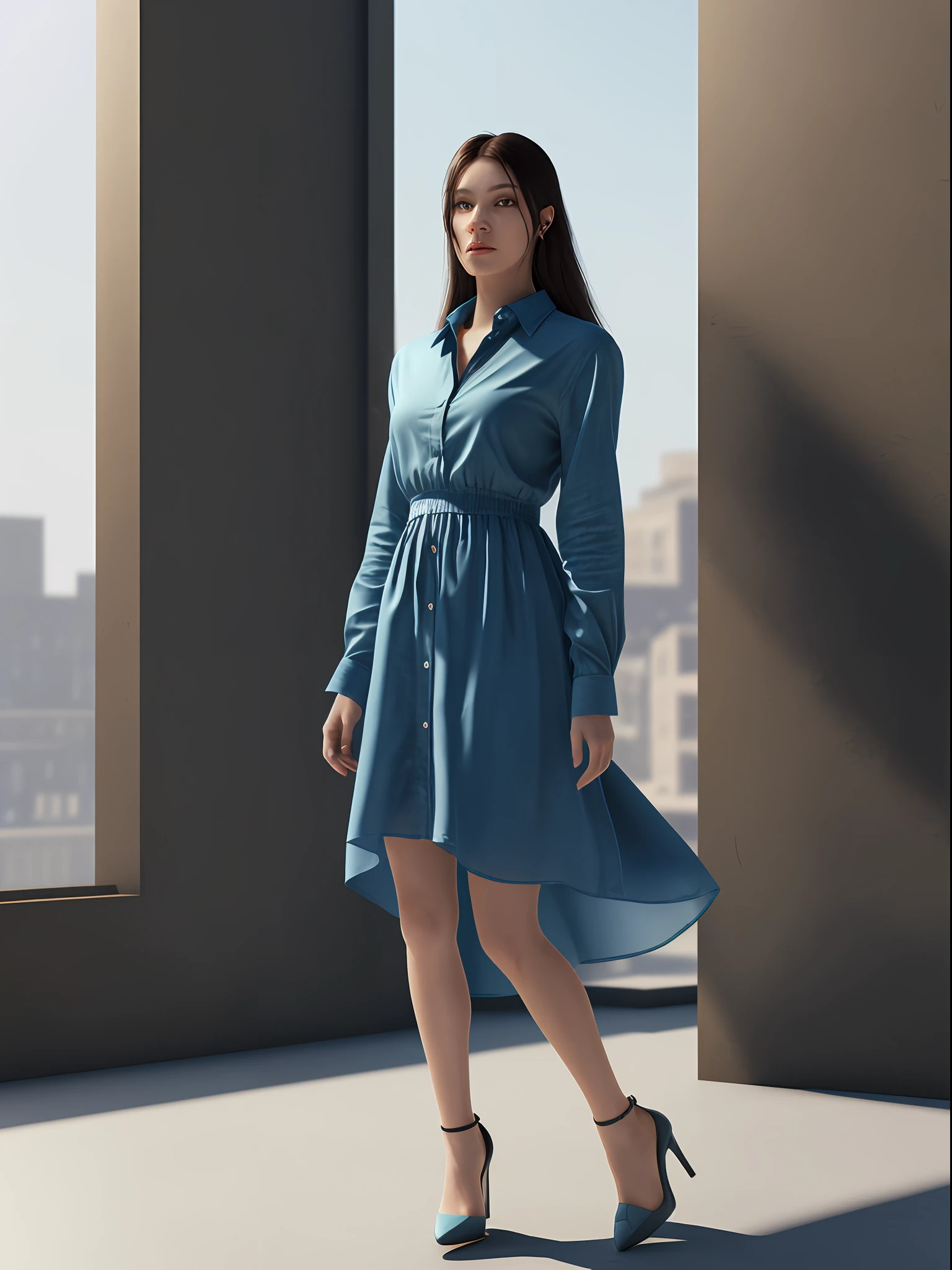 mix4, 20d, solo, long_hair, shirt, dress, high_heels, full_body, look_at_viewer, (8k, RAW photo, best quality, mastery:1.2), (realistic, photo-realistic:1.37), professional lighting, photon mapping, light energy transfer, physically based rendering,