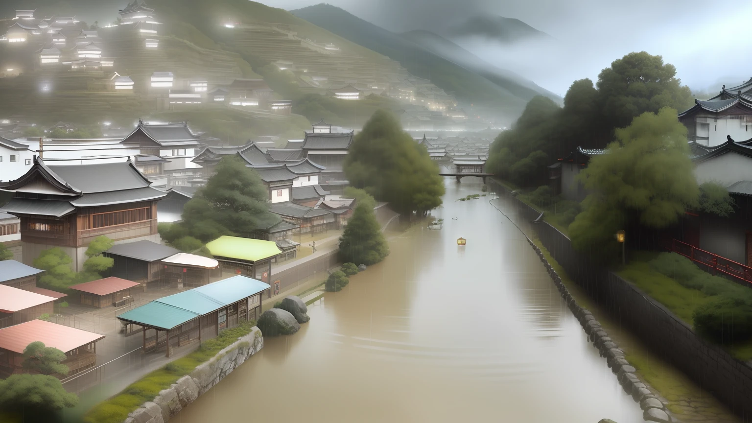 arafed view of a village with a lot of lights on the buildings, dreamy chinese town, chinese village, amazing wallpaper, japanese town, japanese village, hyper realistic photo of a town, old asian village, japanese city, by Raymond Han, rainy evening, cyberpunk chinese ancient castle, beautifully lit buildings, at evening during rain, beautiful and aesthetic, photography, cinematic, 8k, high detailed ((Heavy rain)))