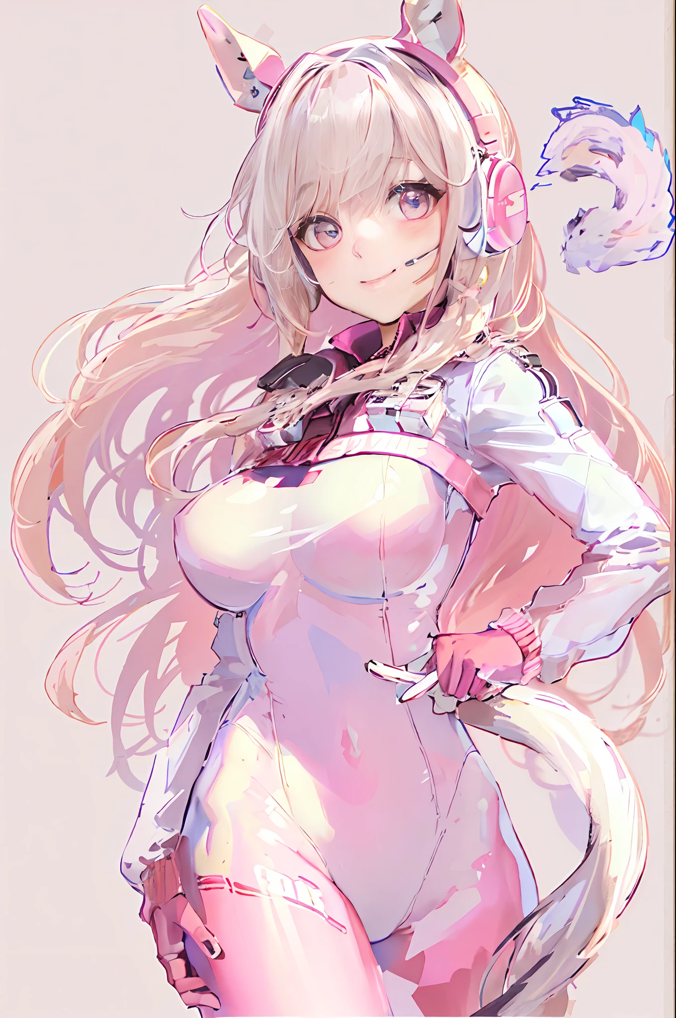 1girll, Animal ears, bangs, Blush, tightsuit, Breasts, Closed mouth, Fake animal ears, mitts, Earphone, headset on head, Horse Ears, Impossible clothes, Jacket, Large breasts, Long hair, Long sleeves, view the viewer, pink leotard, Pink eyes, Simple background, skin tight, Smile, Solo, double tails, Upper body, Very long hair, White background, White gloves, White hair,Alice \(Nikke\),(Masterpiece:1.4),(Best quality:1.4),(Shiny skin),Realistic