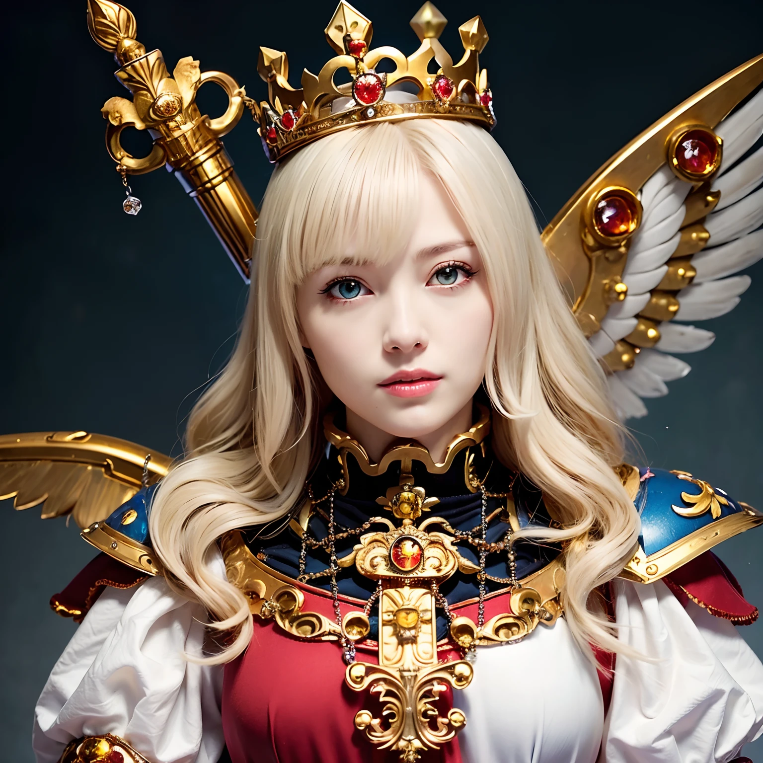 (masutepiece), Professional , ​masterpiece、top-quality、photos realistic , depth of fields （Gemstone Silver Metal Body:1.９),(Matte White、Jewel Gold Weapon、（Flying in the sky),Gorgeous metal weapons,(Detailed and realistic angel white wings) , Detailed Sword of the Brave , Beautiful knife 、delicated face、20 years girl  ,warhammer 40k , adepta sororitas,Detail and ornate jewel crown、Blonde、Gangle's forest background、Beautiful Caucasian beauty、１a person、dynamic ungle,(((Detailed and ornate diamond crown)))、Smaller head、A smile、Powerful poses、（Gorgeous castle background）、Beautiful thin fingers of a woman、Seductive look、