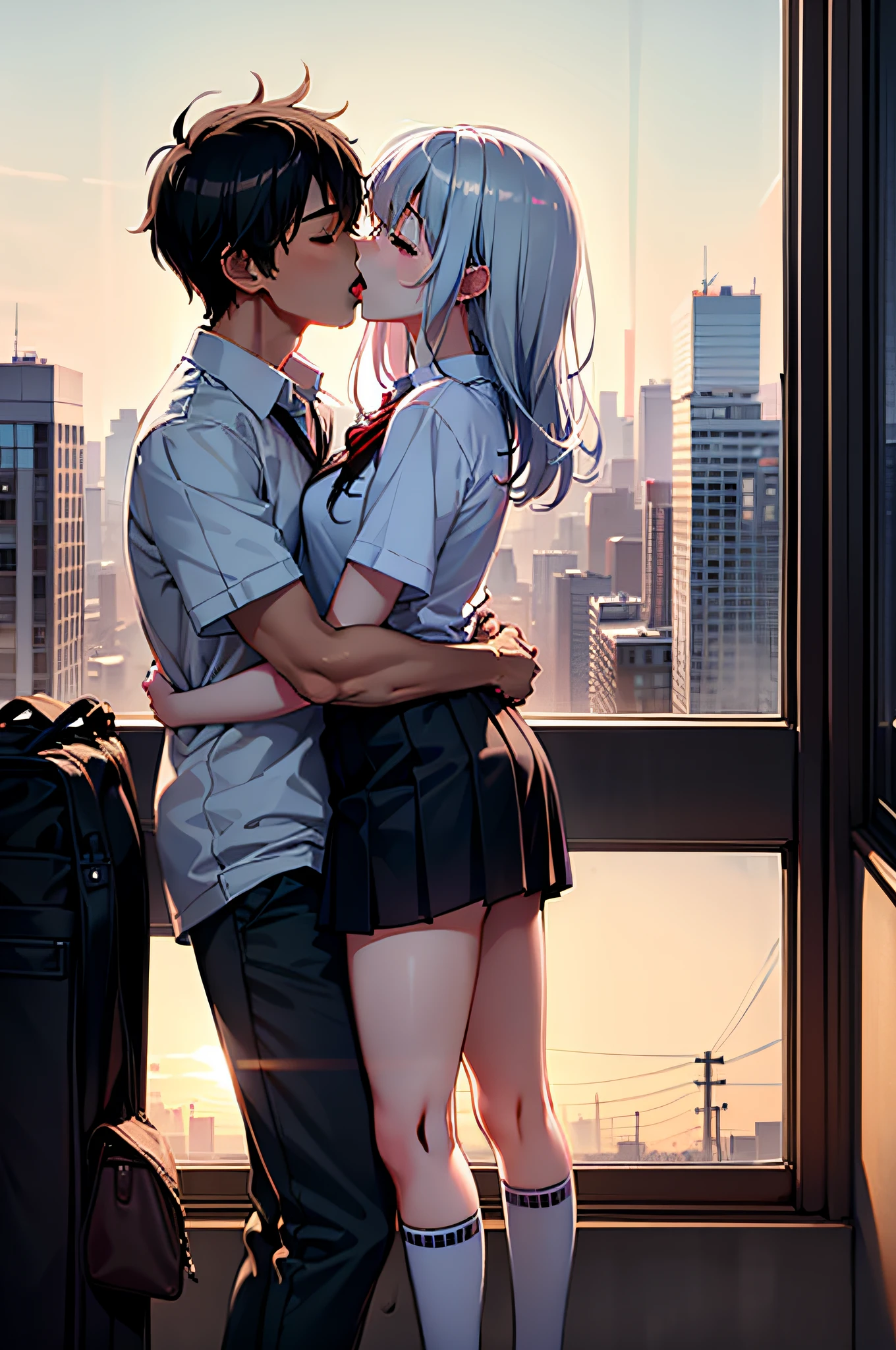 couple, hetero, 1boy, 1girl, cuddling, kiss, school_uniforms, backlight, sunset, school_terrace,kiss, french kiss, tongue kiss, eyes closed, blush, leaning on the wall