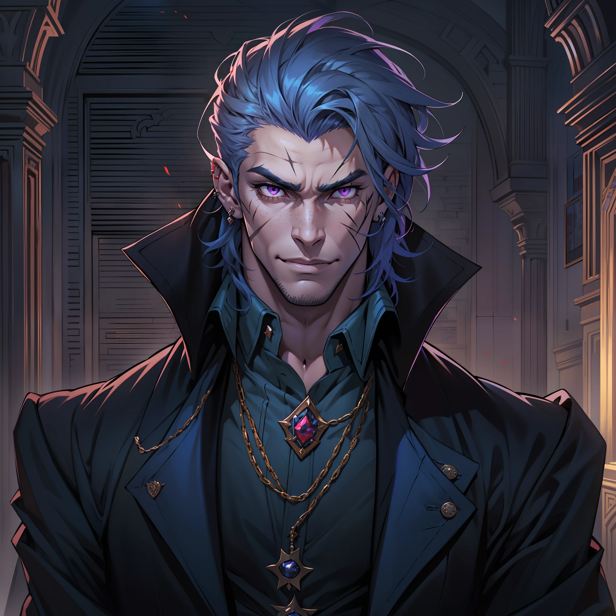 Handsome vampire male. Ash grey hair. Medium hair. Royal attire. Freckles. Piercings. Arrogant expression. Bara. brown skin. 9 ft tall. Big bulge in pants. Blue hair tips. Purple eyes. Black shirt. Mischievous. Sinister. Muscular body. Castle. Silky hair. Brown skin. Noble male. Noble attire. Scars in face
