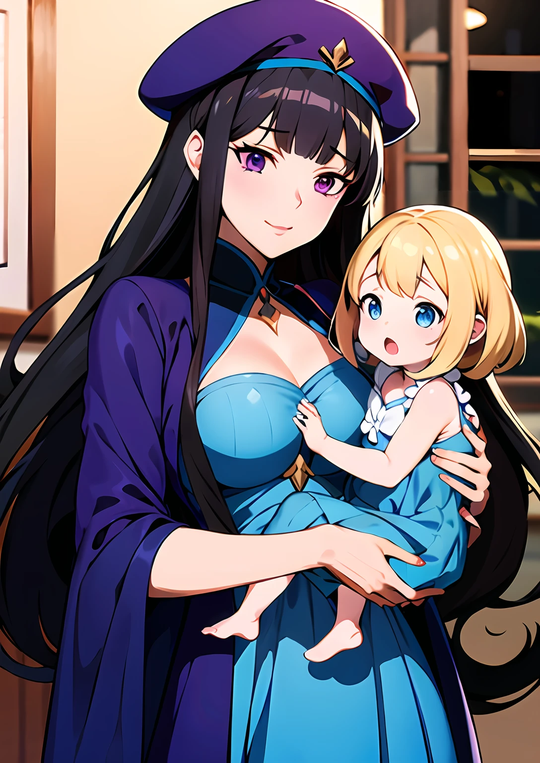 Adult woman from milf anime in a purple hat holding a baby in a blue dress, shalltear from overlord, Directed by: Okada Beisanjin, shalltear bloodfallen, Gapmoe Yander, gama murata e artgerm, Ahri, Nixeu e Sakimichan, por Kanbun Master, fanart requintada altamente detalhada, Camada de anime, beautiful depiction,melhor qualidade,super detalhado,8k