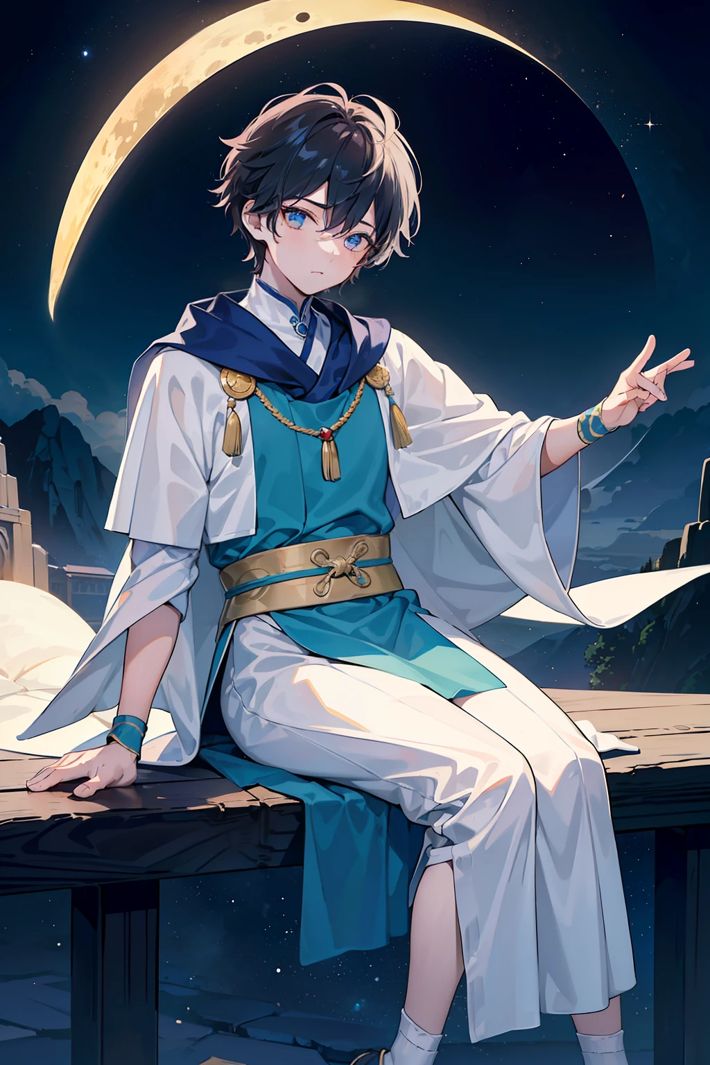(top-quality、masterpiece)、(1boy、独奏、Physical education sitting、watching at viewers、)One boy sitting on a crescent moon、Dressed in national costume、Dressed in a traditional poncho、Mash、magic carpet、Physical education sitting、Very beautiful starry sky background、Only one month、Dynamic、