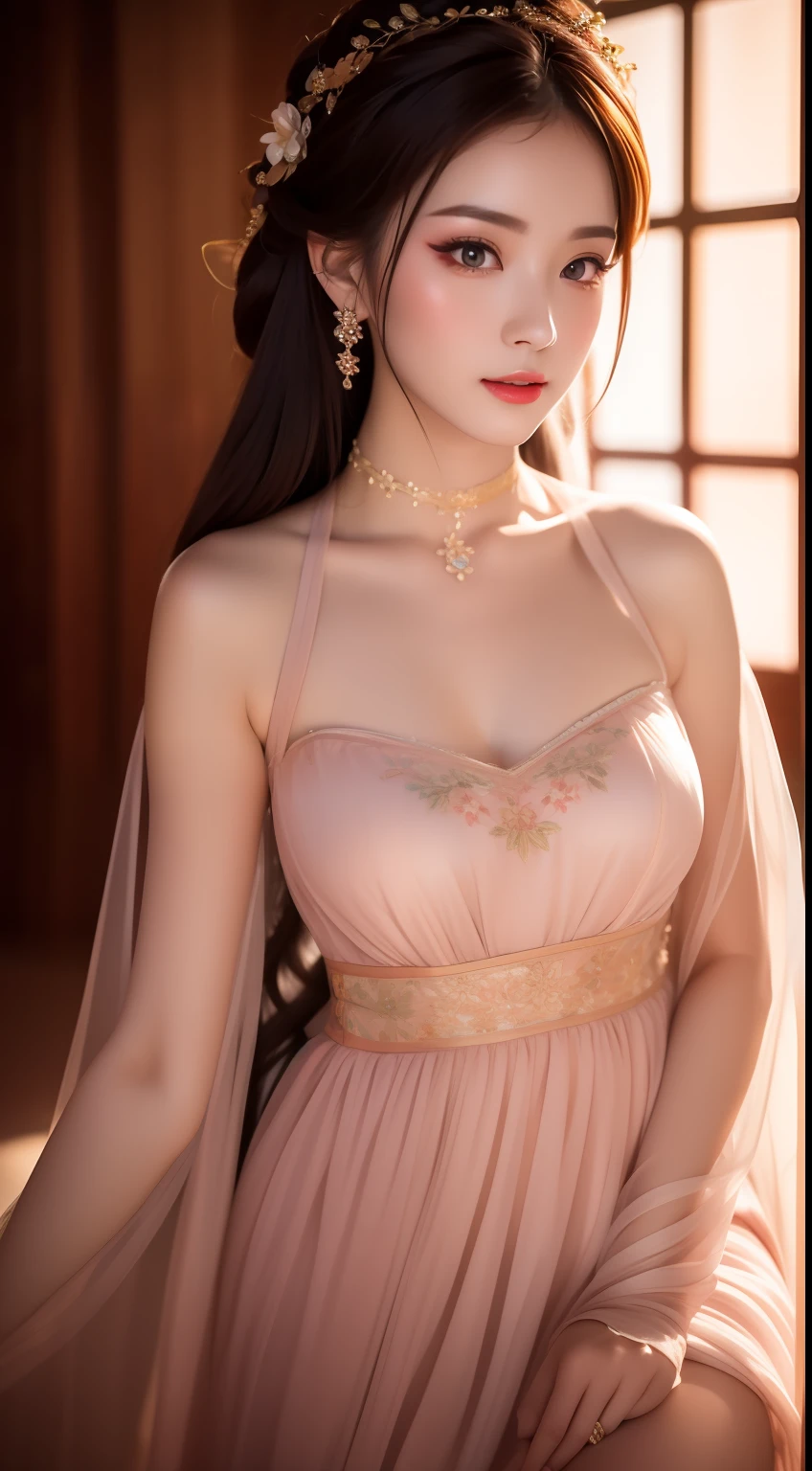 best qualtiy，tmasterpiece，A high resolution，1girl，Floral antique nightdress，Antique nightdress，Tulle nightdress，hair adornments，choker necklace，jewely，beautiful  face，Red high-gloss lipstick，Physically，dingdall effect，realisticlying，dark studio，edge lit，twotonelighting，（highdetailskin：1.2），8k uhd， dslr, softlighting, high high quality, volumettic light, sneak shot, photore, A high resolution, 4k, 8k, Background bokeh,