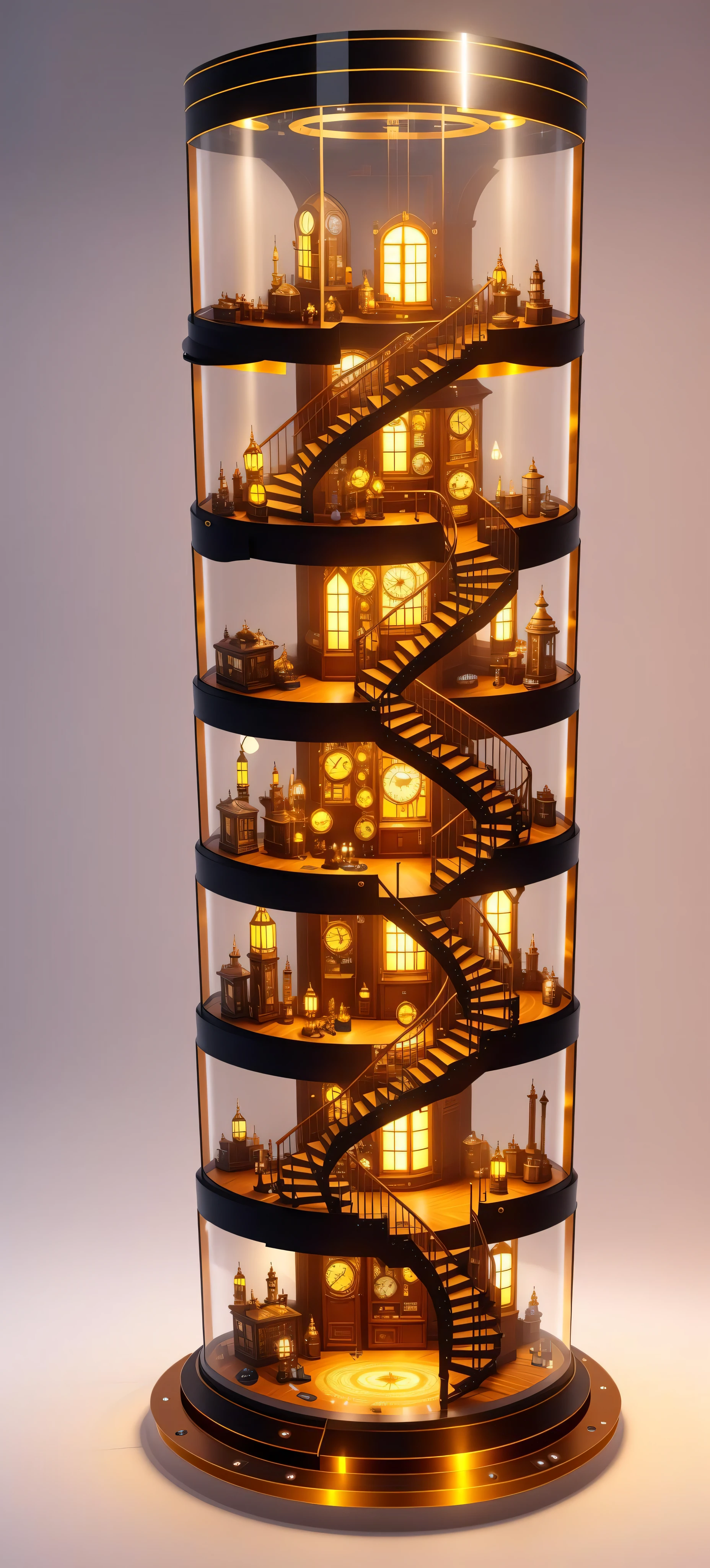 steampunk,knollingcase, isometic render,bedroom,Spiral stairs,isometric display case, knolling teardown, transparent data visualization infographic, high-resolution OLED GUI interface display, high contrast, micro-details, octane render, photorealism, photorealistic