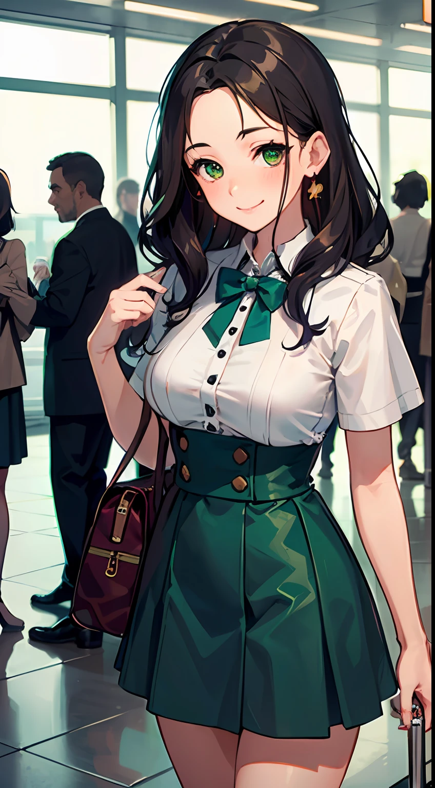 ((Best Quality)), (Ultra-detailed), ((Extremely detailed)), (Beautiful), ((Kawaii Girl)),Medium Hair,Forehead,Dark blue hair,(Wavy Hair),Green eyes,smock blouse,Mini skirt,regular breasts,Smile,Airport lobby,One Woman