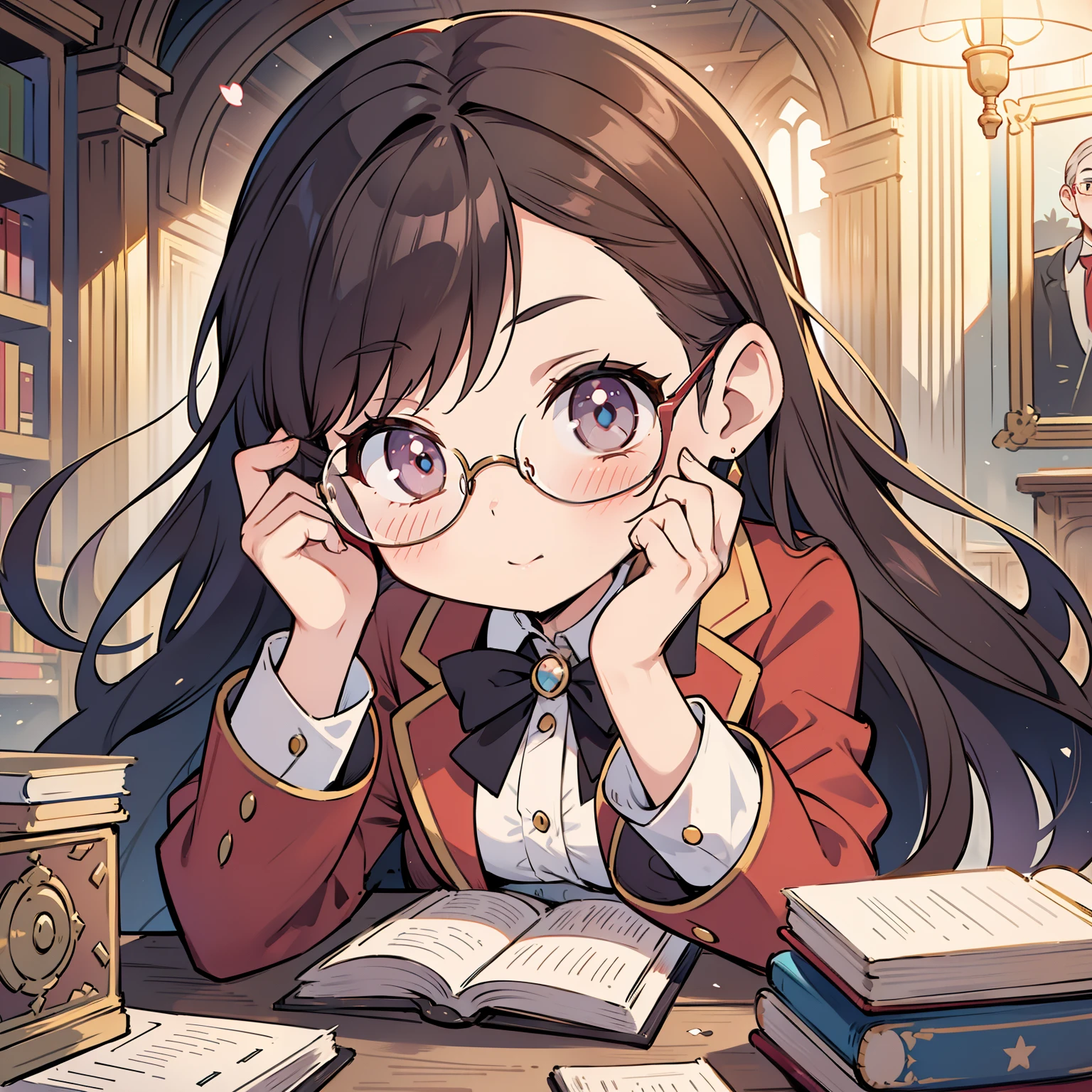 A nerdy-looking girl in a grand library, pushing her glasses up while blushing. The book shebis looking at has pornographic imagery