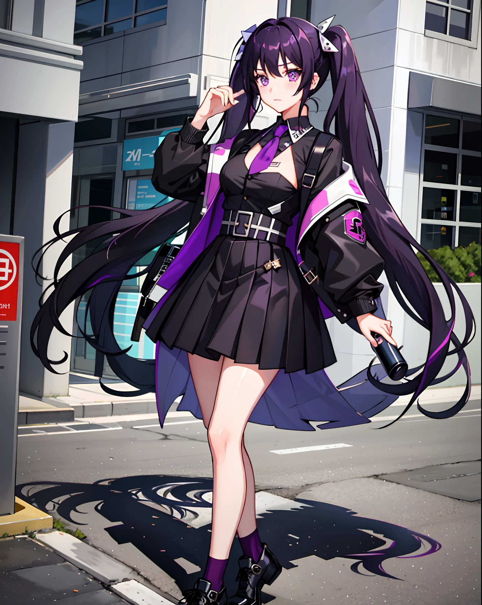 1boy, 1girl, black_hair, blush, breasts, checkered, hair_ornament, jacket, long_hair, long_sleeves, looking_at_viewer, medium_breasts, outdoors, pleated_skirt, purple_eyes, purple_hair, shoes, sign, skirt, solo_focus, twintails, very_long_hair