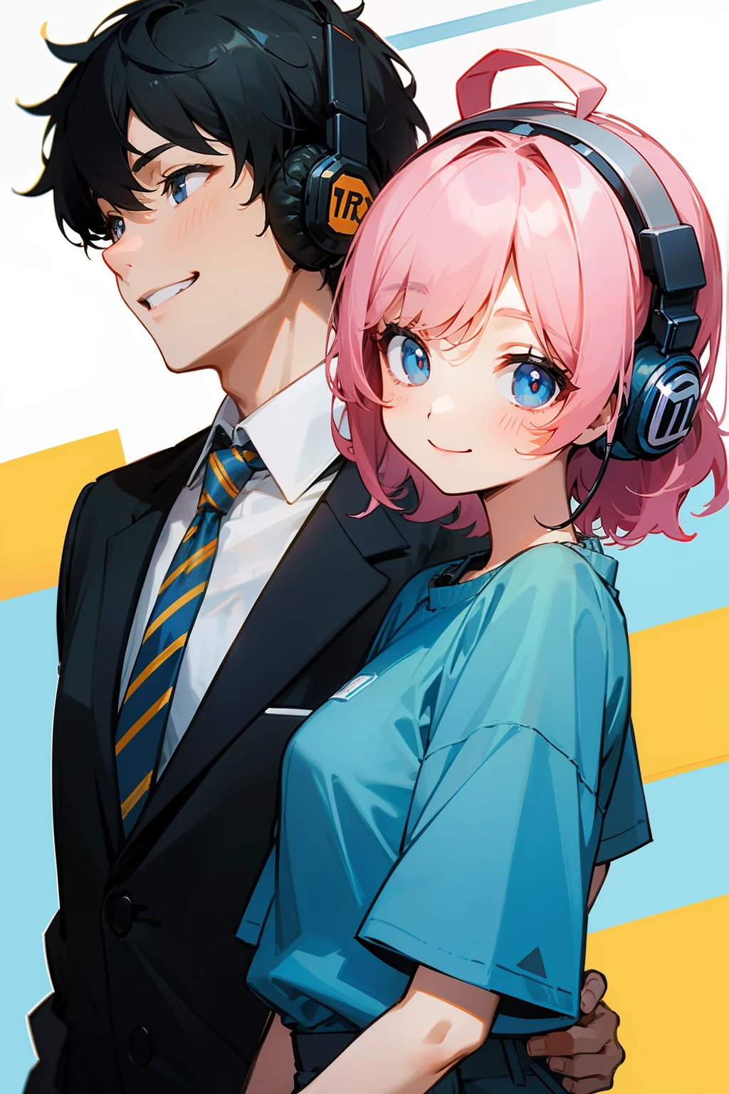 The background is office、Two men and women in their 20s wearing income-generating headsets while in plain clothes、Bright smile、Facing the front
