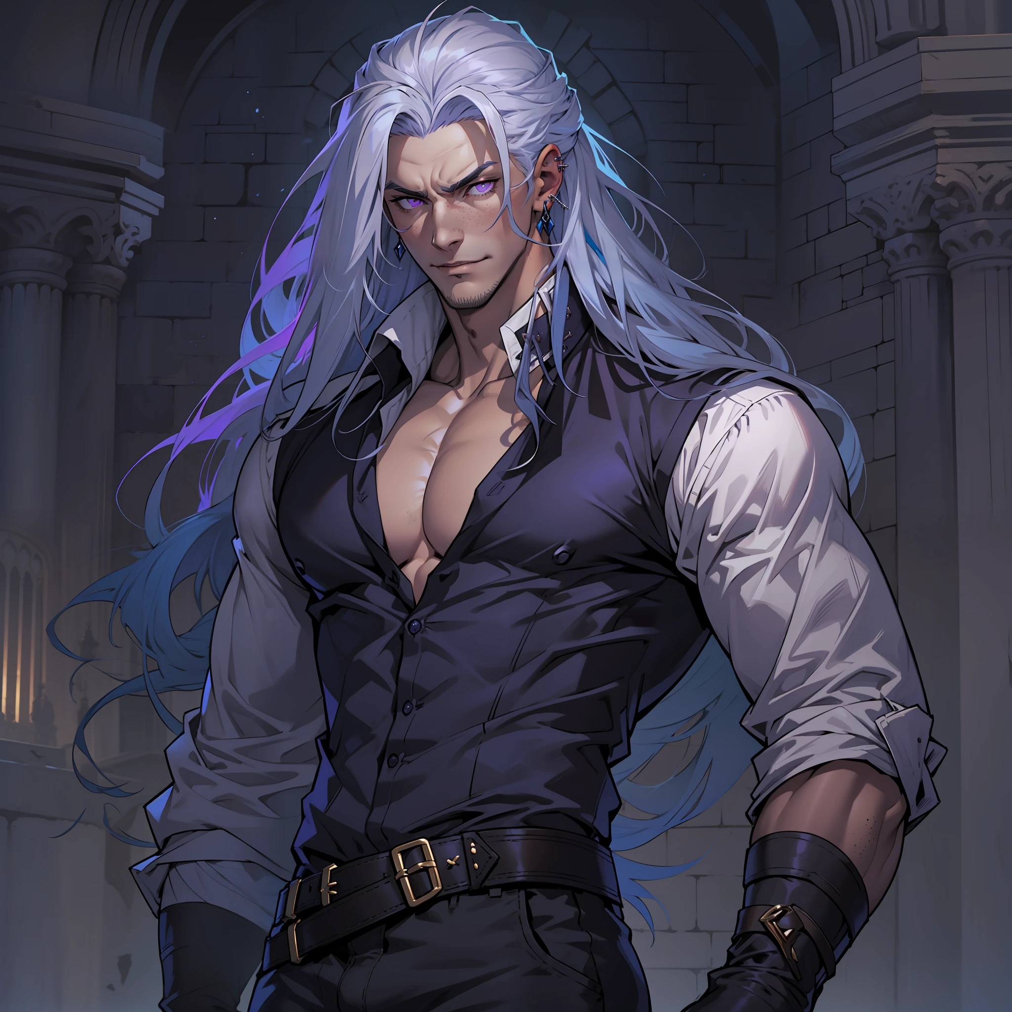 Handsome vampire male. Ash white hair. Long hair. Royal attire. Freckles. Piercings. Arrogant expression. Bara. brown skin. 9 ft tall. Big bulge in pants. Blue hair tips. Purple eyes. Black shirt. Mischievous. Sinister. Muscular body. Castle. Silky hair.