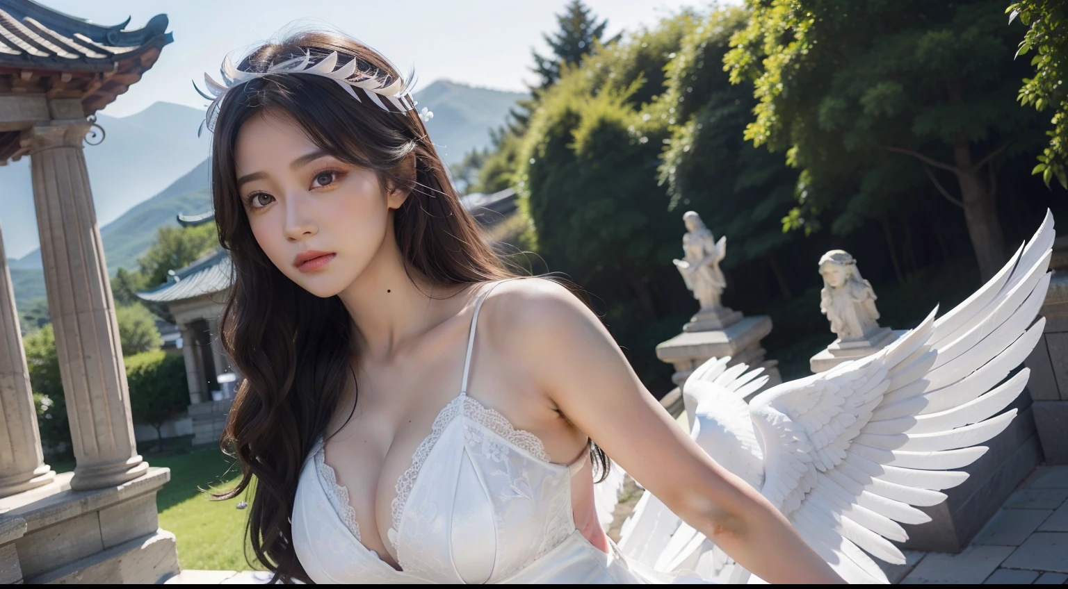 Dressed up with winged cute angel, wearing a beautiful garland on the head, symmetrical white feather material simulation of huge wings, exquisite details, portraits, breasts, outdoors, ancient buildings, tall stone pillars, stone railings, a 25-year-old woman named TaiXia in the ancient castle: 2, eyes looking at the camera, sideways to the camera, natural expression, posture not stiff, curly wavy long hair, white dress long dress, the same character, various poses, different angles, rich skin details: 1.5,
