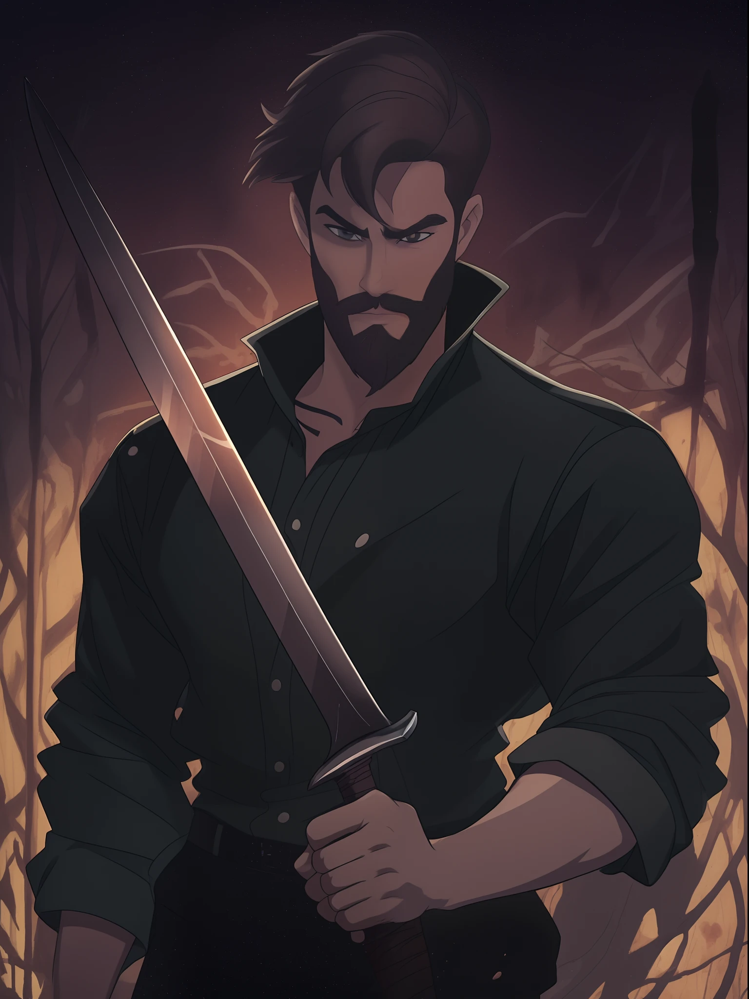 A young man with a beard, short hair, in a black blouse, fearless pose, sword in hand, in a dark setting, Disney Classic Style