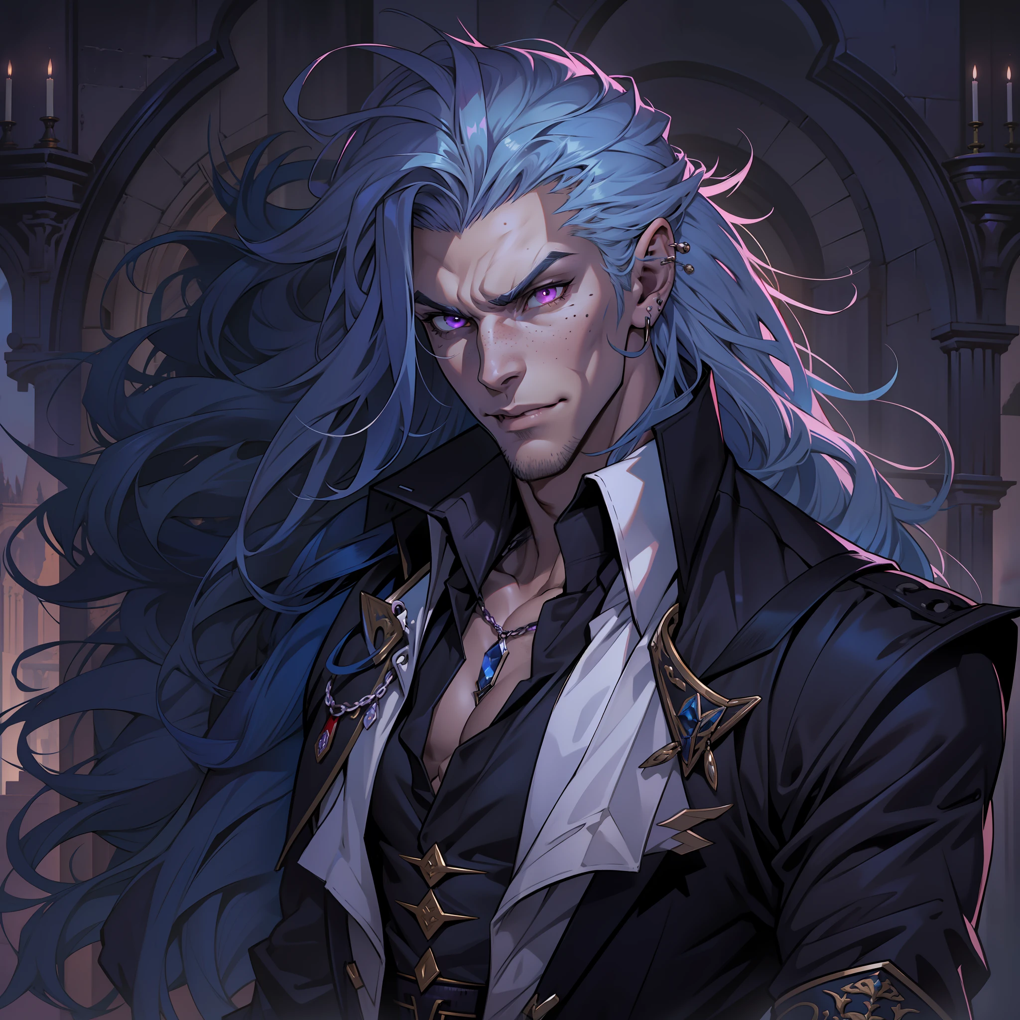 Handsome vampire male. Ash white hair. Long hair. Royal attire. Freckles. Piercings. Arrogant expression. Bara. brown skin. 9 ft tall. Big bulge in pants. Blue hair tips. Purple eyes. Black shirt. Mischievous. Sinister. Muscular body. Castle. Silky hair.