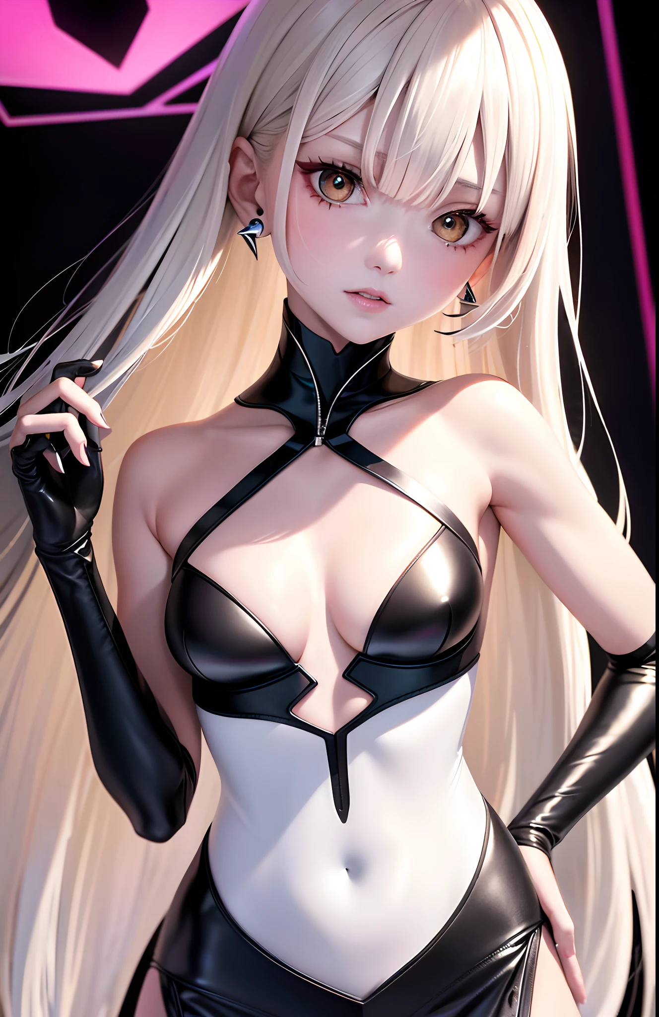 optimum,tmasterpiece,A high resolution,best qualtiy,hyper HD,super detailing,Award-Awarded,16k,独奏,(The upper part of the body),anatomy correct,Beautiful cyberpunk girl,Ex Machina,cute face,high light,Gradient Beige Hair,Hairline,((Scarlet eyes)),long eyelasher,Hanging eye corners,White skin of the,(small boobs),(Slim body),(()),((tennis_dress)),(),ear studs,(neck rings),(Laser material clothing:1.2)