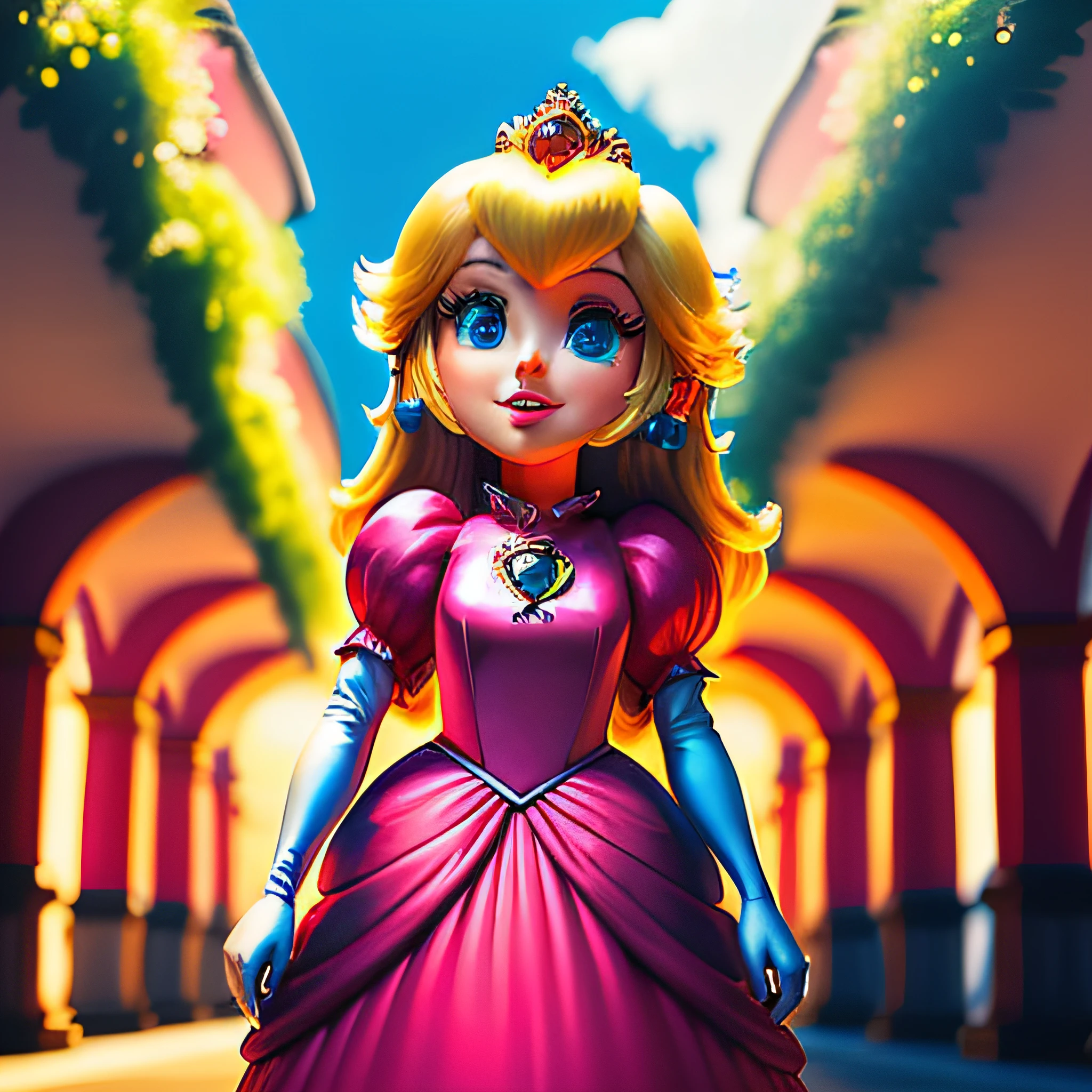 Princess Peach facing walking the streets of Belém do Pará, Cartoon, obra-prima, melhor qualidade, detalhado, soft dim lighting, adicionar_detalhe, realista, highres, obra-prima, ligthing perfeito, flor, cinematic lighthing, adulto, pele perfeita, feminino, olhando para o espectador, retrato, tiro de cowboy, (RSEEmma:1.1), sorriso, :), cintura estreita, magro, (PrincessPeach), (Princess Peach), (vestido rosa:1.3), olhos detalhados, olhos azuis, sensual, grama, cogumelos, reino dos cogumelos, Mario land, rose-tinted lips, ((bright lips)), pursing lips, pele brilhante, pele oleosa, luz bonita, (ver-through:1.1), (dia:1.3), brilhante