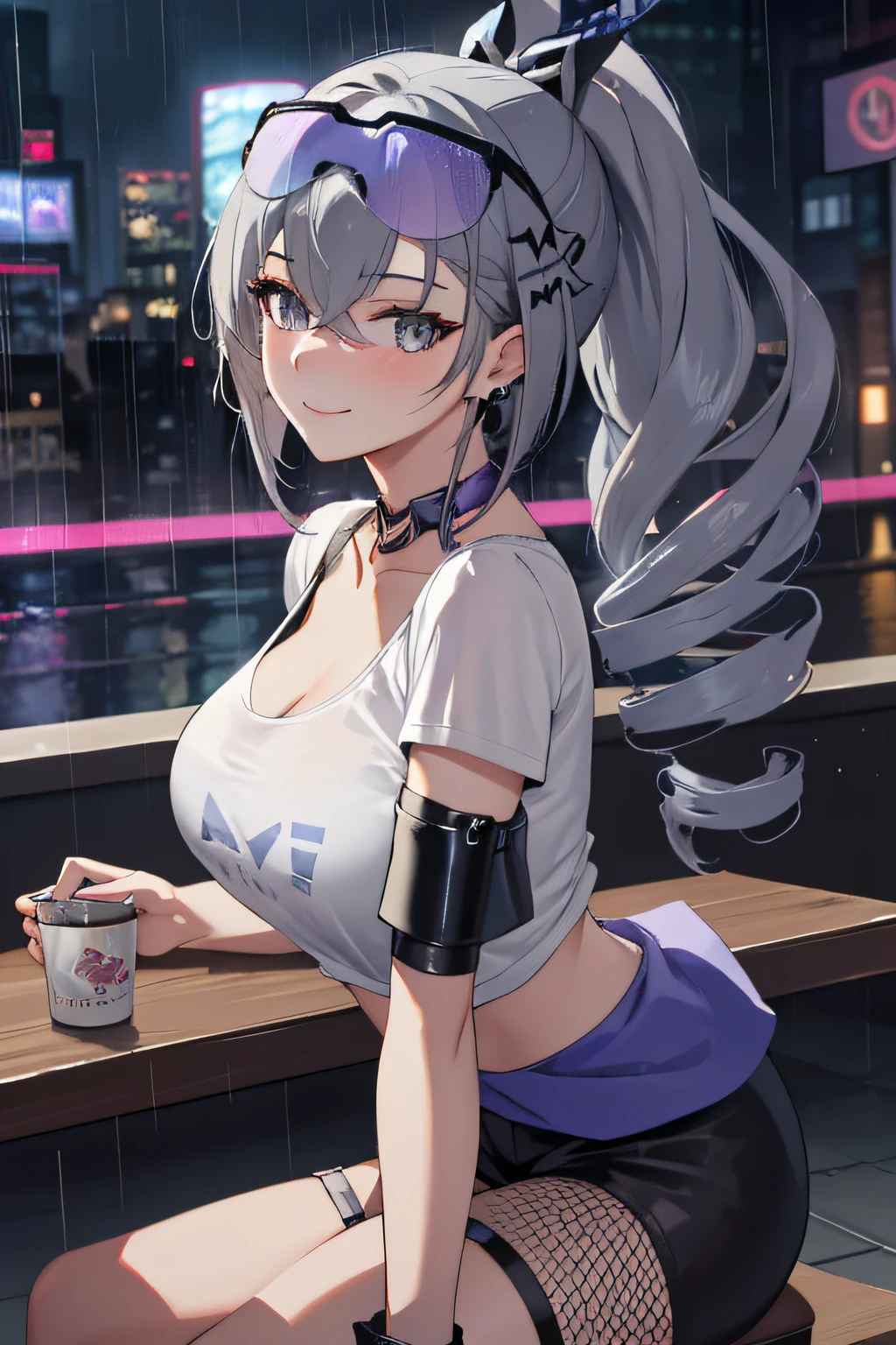 Masterpiece, Best quality, 1girll, Solo, Extremely detailed, Extremely detailed eyes, extremely detailed background, ((SilverWolf V4)),Seductive breasts, Expose cleavage,With gray eyes, whaite hair, eyewear on head, Short sleeves, hair adornments, Earrings, Drill hair, Black shorts, Black gloves, pony tails, Evening, neon city lights, rain, rain drops, Mirror reflection, Cyberpunk, Ramen restaurant, across table, angle of view, view across table, ramen bowl, view the viewer, Arms down, arms to the side, T-shirt, white shirt logo, Shy, Smiling, Blushing, Perfect hands, Depth of field,