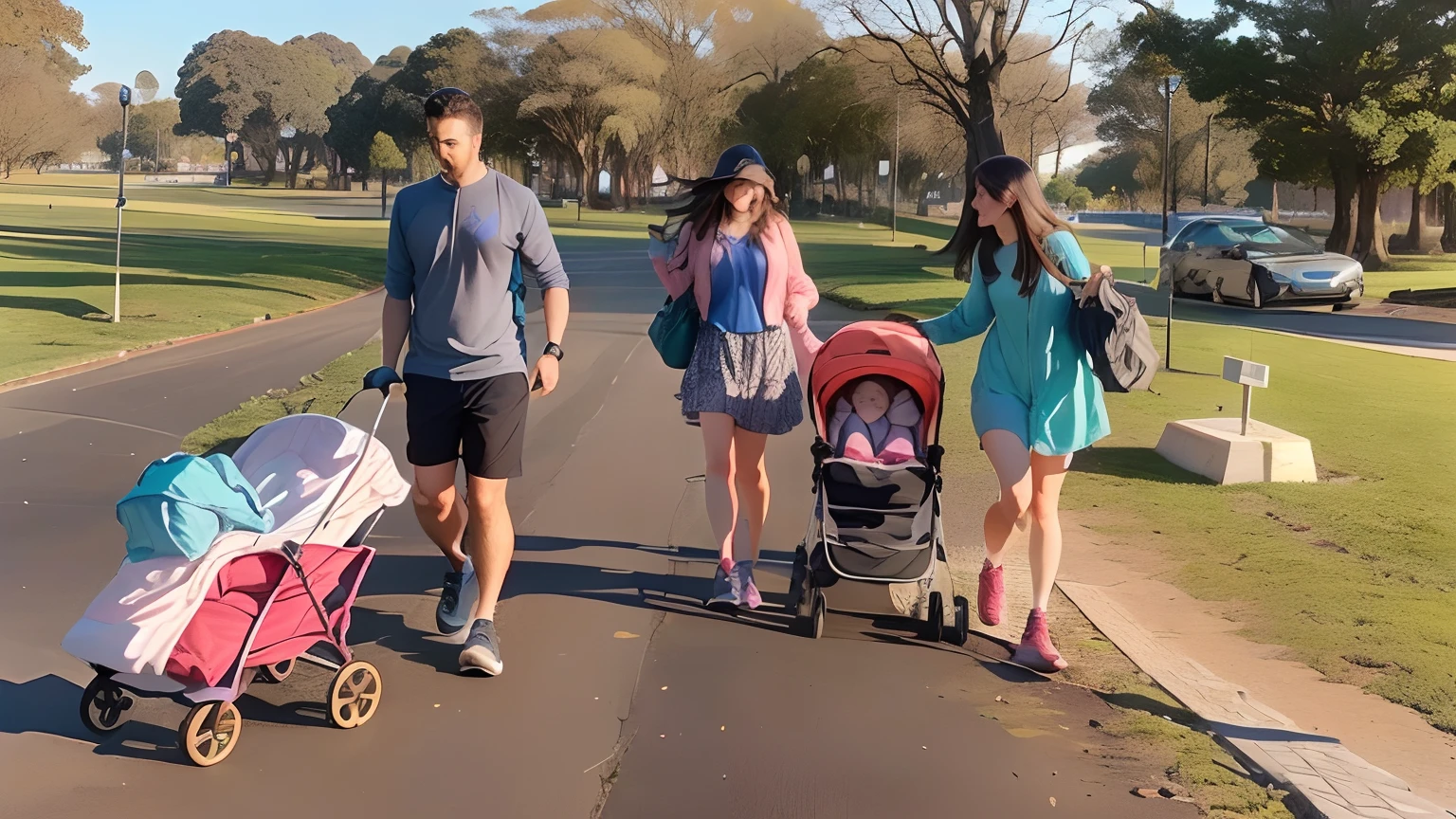 There are three people walking down the street with a baby in a stroller, Caminhando no Parque, no parque, no parque em um belo dia, no Parque, com um parque ao fundo, em um parque, Parque em segundo plano, families playing, caminhando juntos, of a family standing in a park, com um parque nos fundos