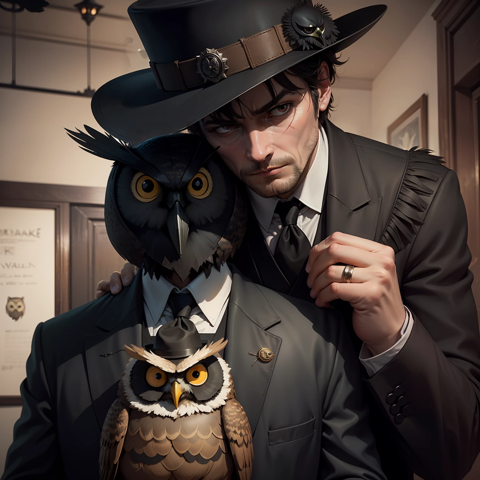 Any character graph in RustyLake，k hd，Weight owl holding black square，The raven stood behind the owl and embraced him