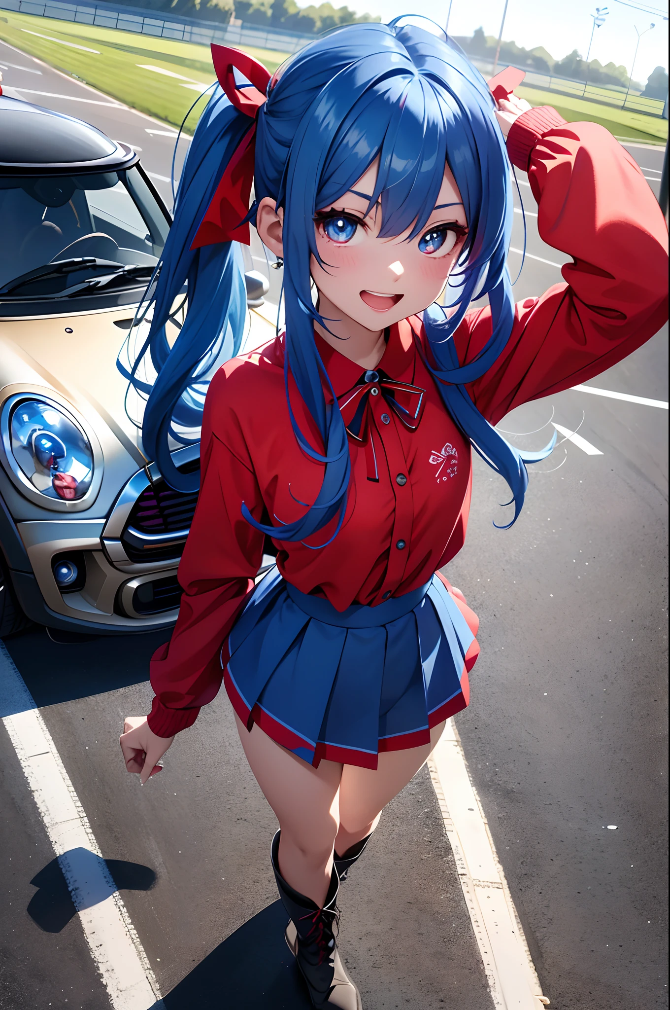 (top-quality、in 8K、32K、masterpiece、nffsw、ighly detailed、Photorealsitic:1.2)、Full body, (Circuit field、sports car on the background、Mini:1.4)、sunlights、deep-shadows、Realistic pupils、Sharp pupils、detailed faces and eyes、beauitful face、18Old Beautiful Girl、shinny skin, Beautiful blue hair、Twin-tailed、Red Eyes、beauitful face、Bright lace queen outfit、a miniskirt、Wearing boots、Absolute area、Tie your hair with a big red ribbon、Curve、raise arms、Opens mouth and laughs、